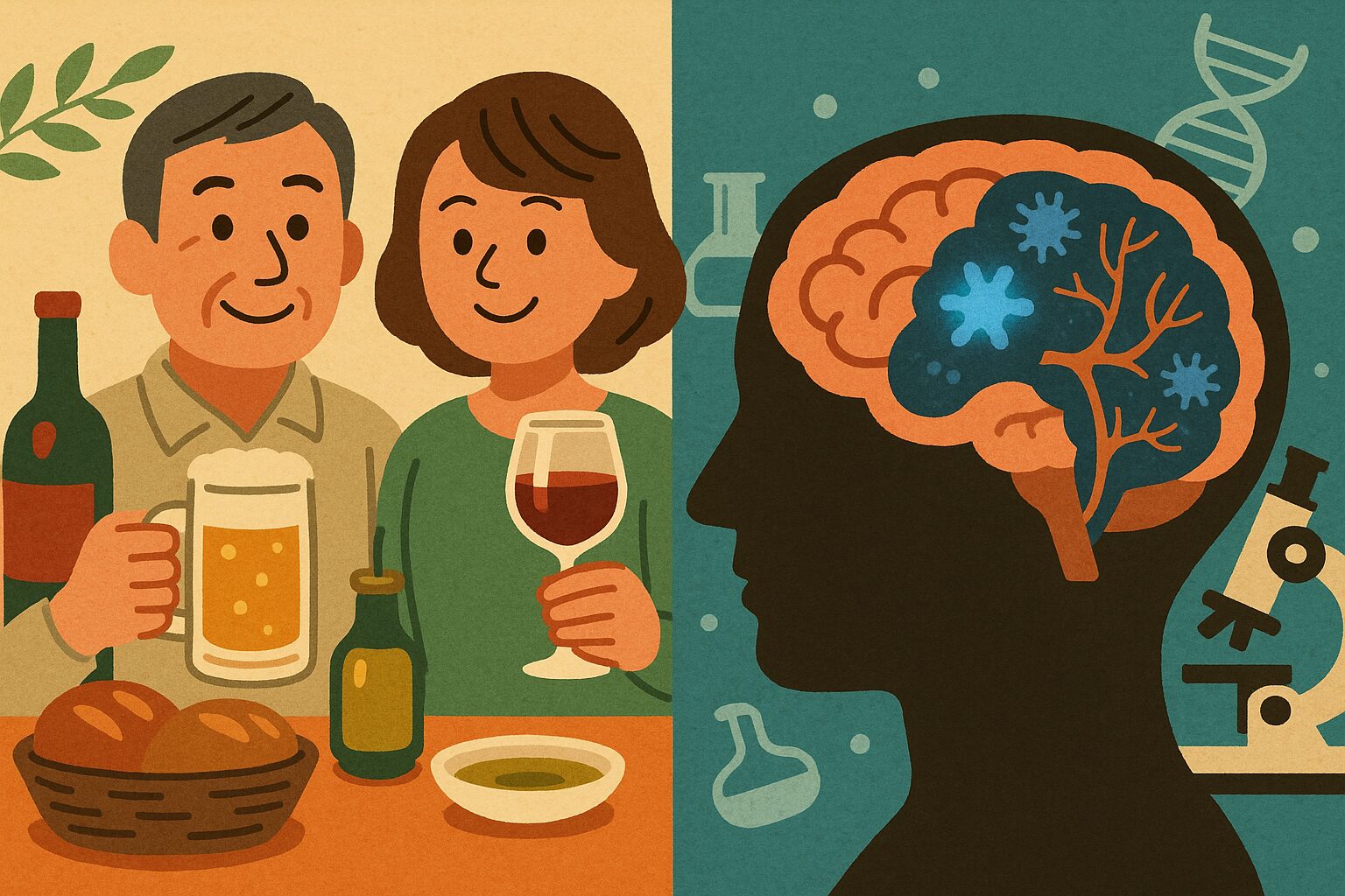 中高年男女がワインとビールを楽しむ地中海風の食卓と、アミロイドβ沈着を描いた脳のイラスト。飲酒とアルツハイマー病リスクに関する医療記事のアイキャッチ画像