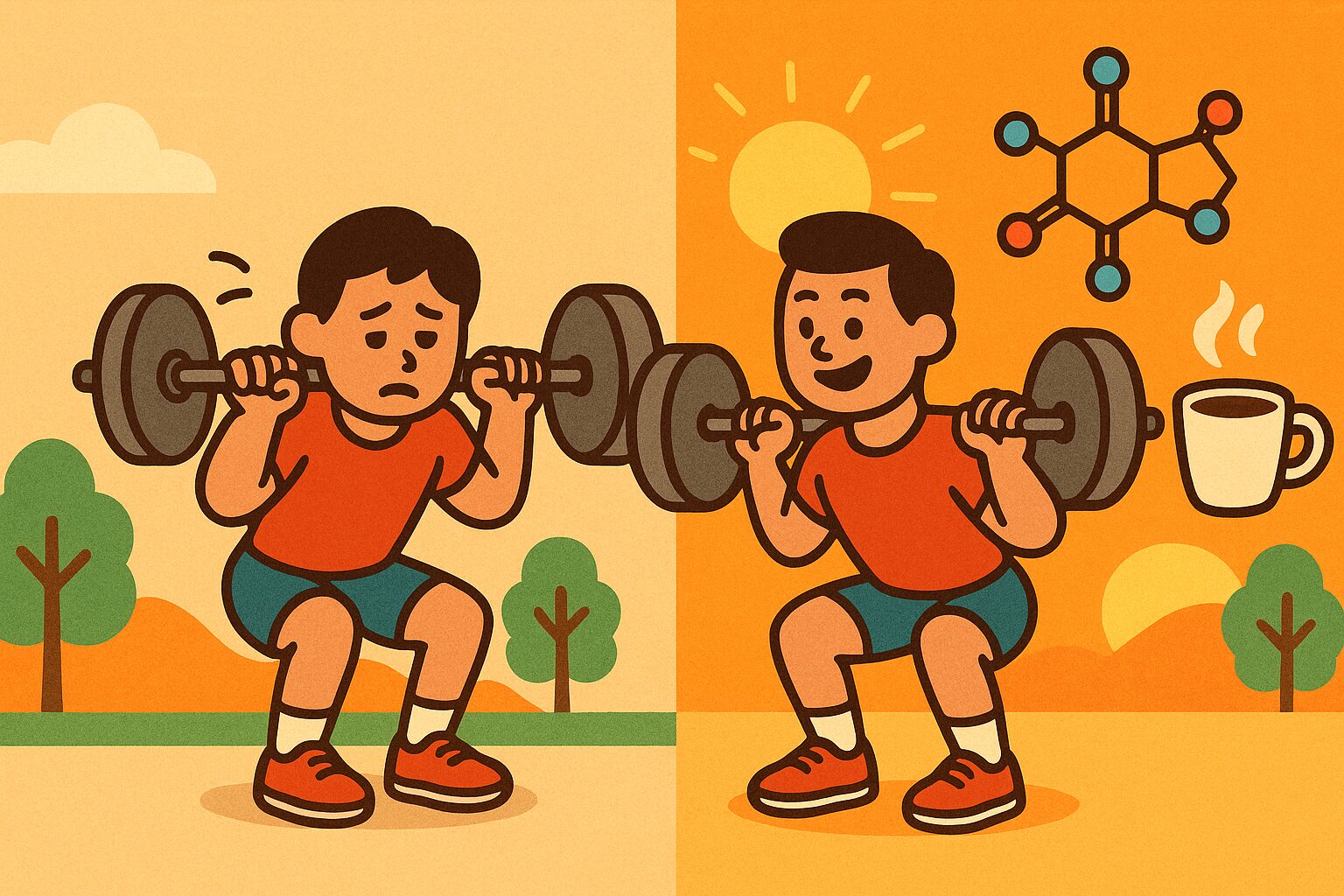 朝の筋トレでカフェインを摂取しパフォーマンスが向上する様子を描いたレトロ風イラスト。バーベルスクワットとコーヒー・カフェイン分子の分割シーン