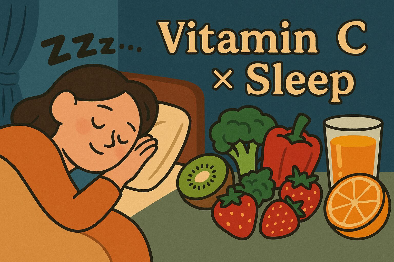 睡眠中の人物とビタミンC豊富な食品を描いたイラスト