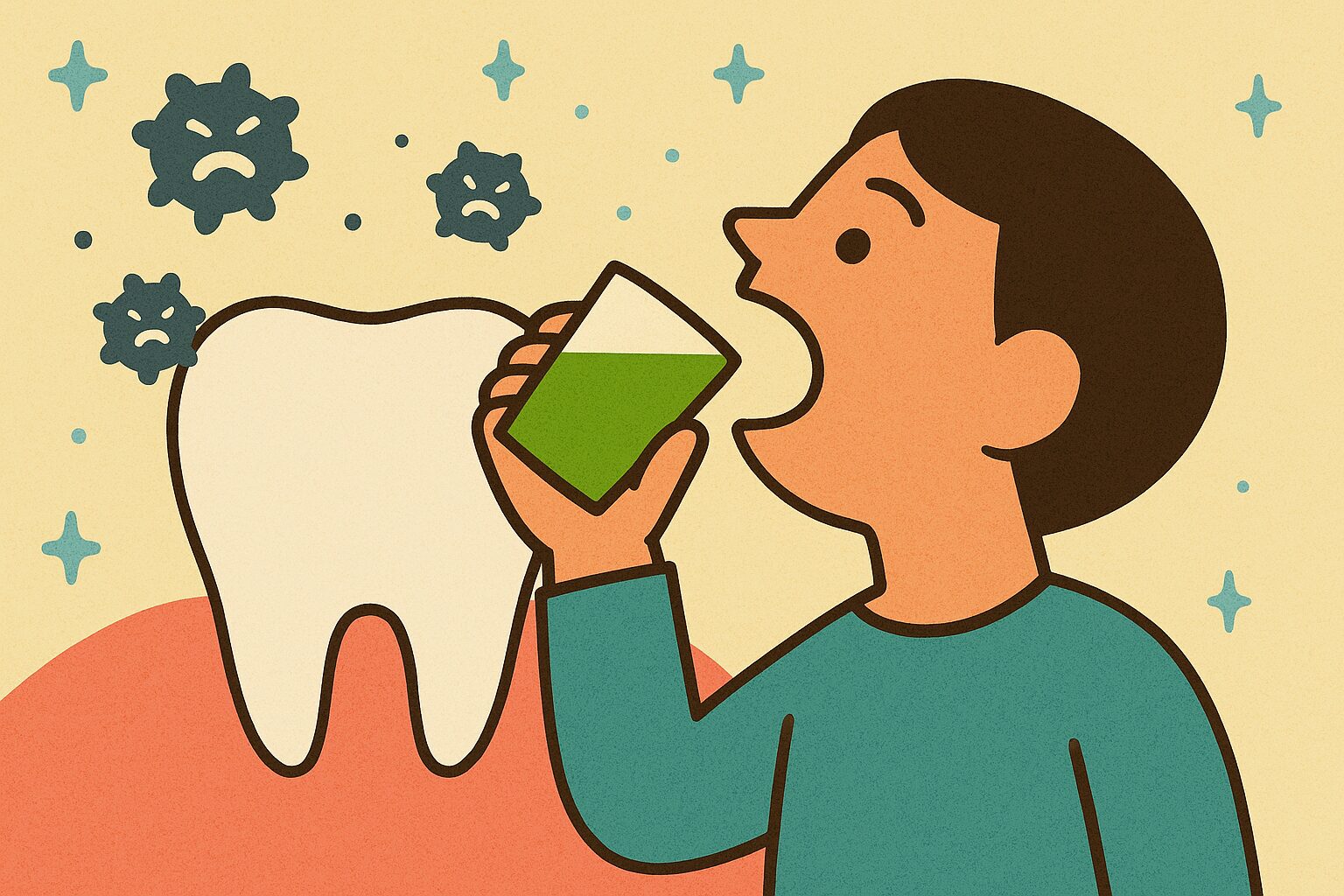 抹茶うがいで歯周病菌を減らす健康法を表現したレトロ風イラスト|白い歯と歯ぐき、抹茶水でうがいする人物、消えていく歯周病菌キャラクター