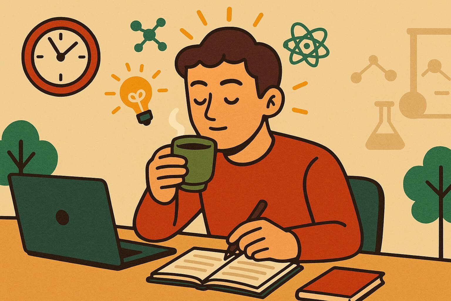 緑茶を飲みながら仕事や勉強に集中する若い男性のイラスト|集中力アップと没頭を表すレトロ風デザイン