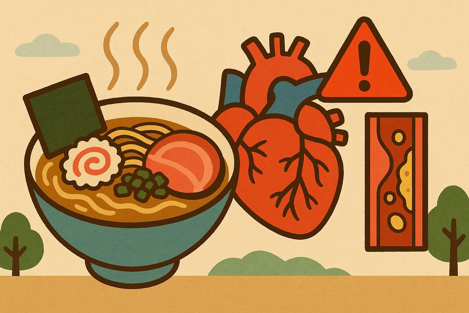 ラーメンと心臓・血管リスクを対比するイラスト|ラーメン摂取と死亡リスクの研究解説ブログ用アイキャッチ