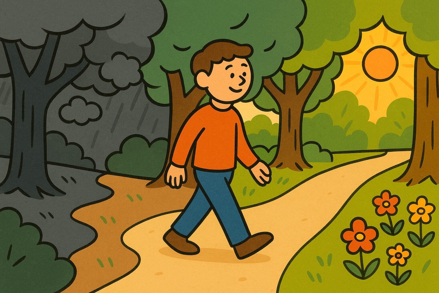 歩行がうつや不安を和らげる効果を表現したイラスト。暗い気分から明るい心へと変化する様子を描いた散歩シーン。