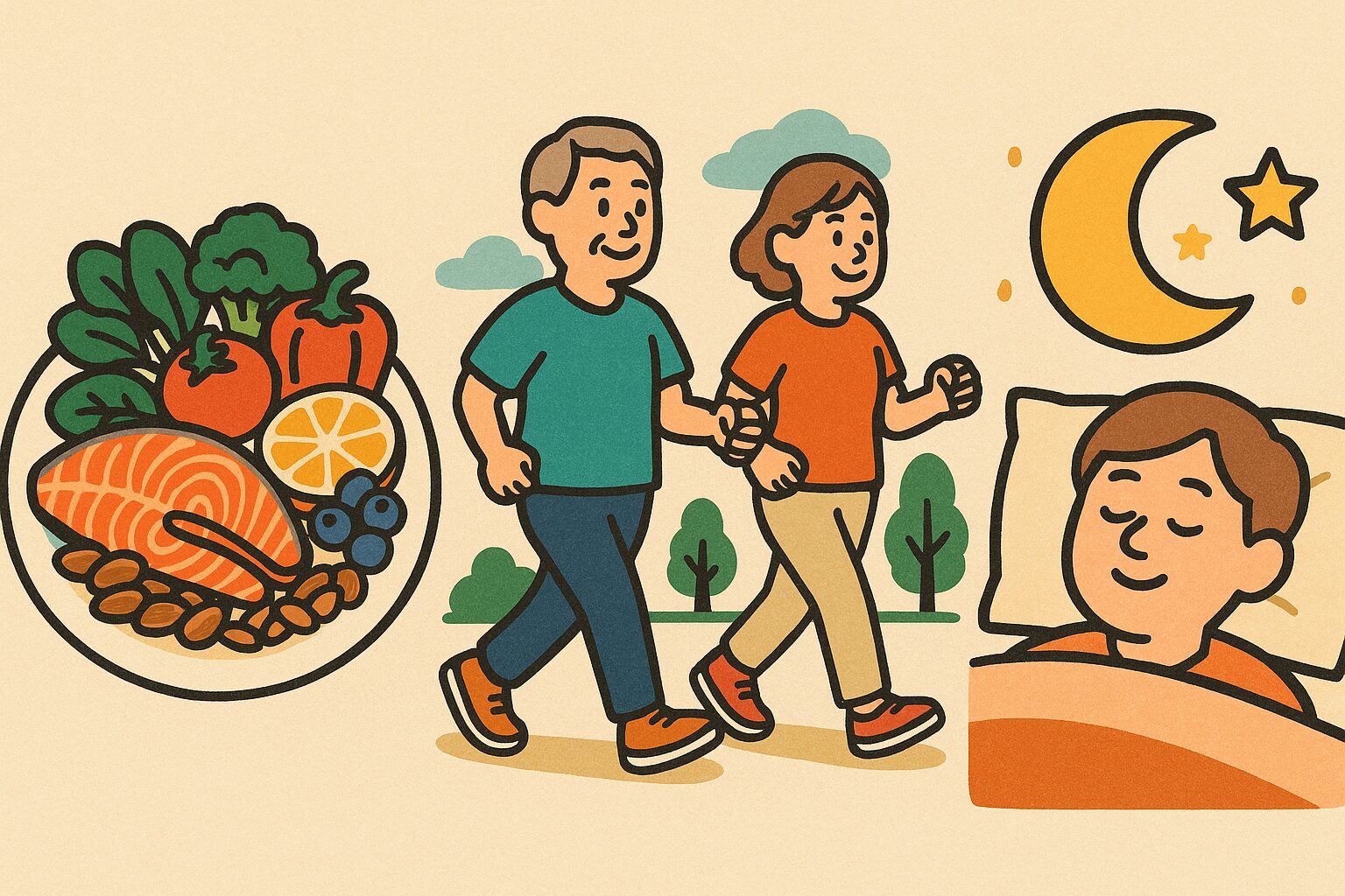 食事・運動・睡眠をそろえて健康寿命を延ばすことを象徴したイラスト。野菜や魚の皿、中高年のウォーキング、安らかな睡眠の様子が描かれている。