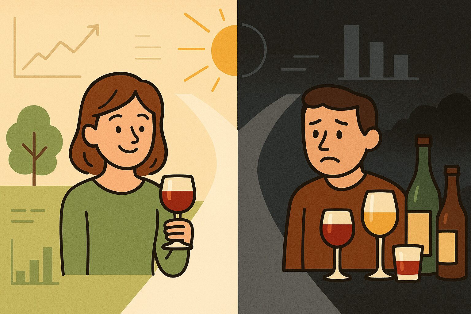 少量のワインは心を軽くし抑うつリスクを下げるが、多量の飲酒は自殺リスクを高めることを示すイラスト。医学研究データを背景に光と影で対比
