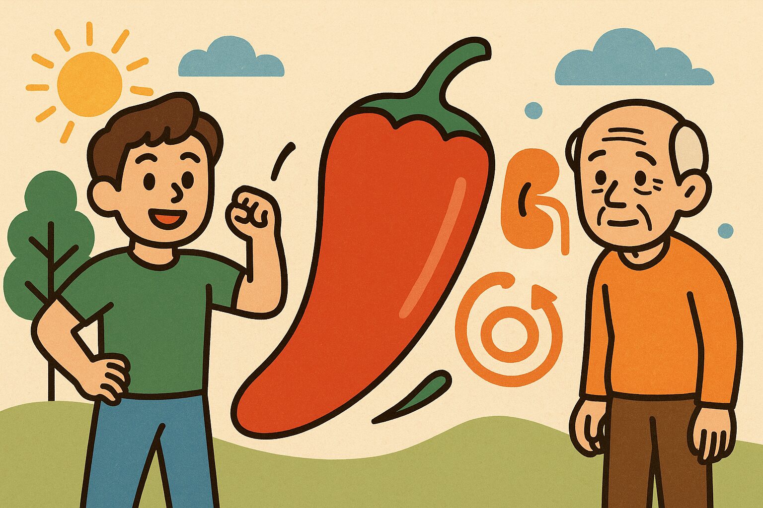 唐辛子とアンチエイジングの関係を表すイラスト。中央の赤い唐辛子を挟み、左側に若々しい健康的な人物、右側に年齢を感じる人物を配置。背景には腎臓や代謝のアイコンを描いた健康ブログ用アイキャッチ画像。