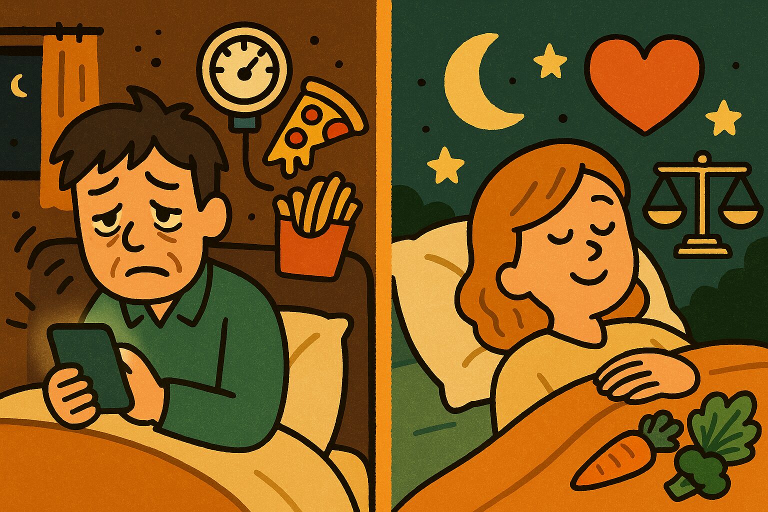 夜更かしと早寝を対比したイラスト。スマホで夜更かしする男性と、規則正しく眠る女性を描き、不健康と健康的な生活習慣を比較。睡眠と心臓病・メタボ予防の関係を示すブログ用アイキャッチ画像。