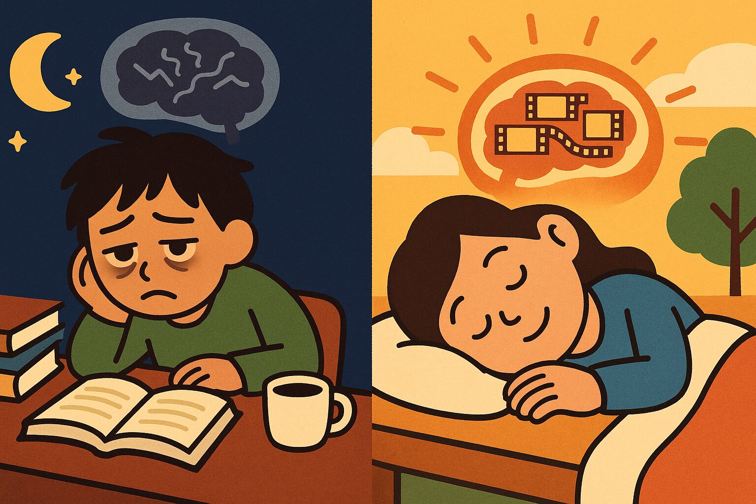 徹夜勉強で記憶が乱れる学生と十分な睡眠で記憶が整理される学生を対比した教育的イラスト