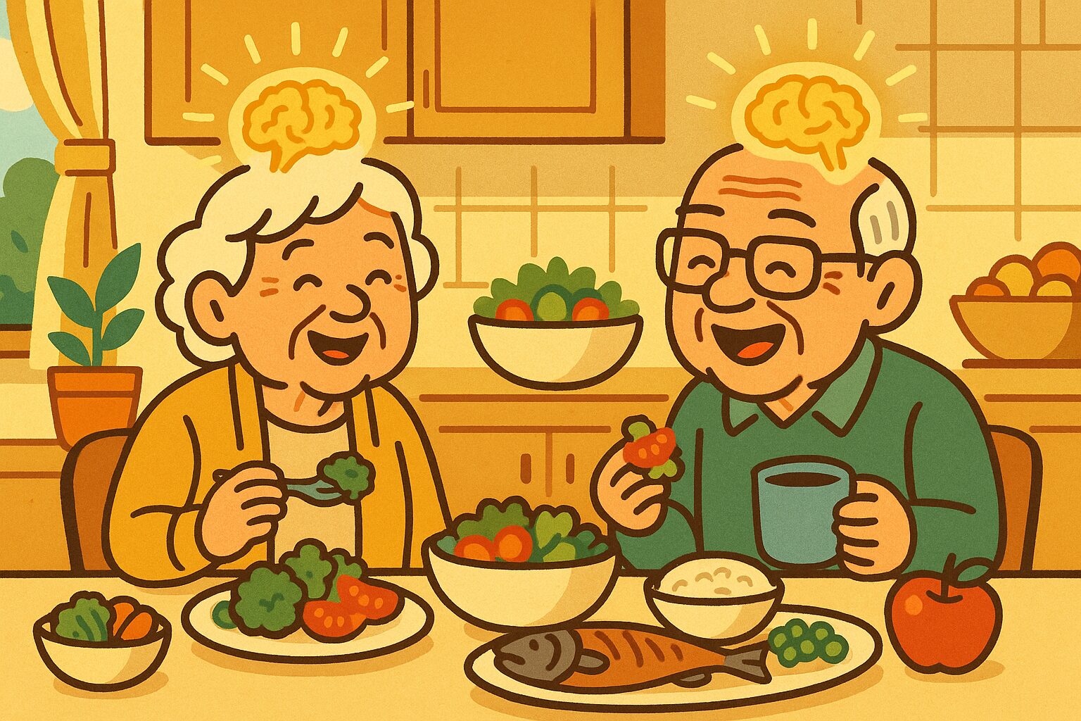 高齢の夫婦が野菜・果物・魚を取り入れた食事を笑顔で楽しみ、健康的な食生活と脳の若さを保つ様子を描いたイラスト