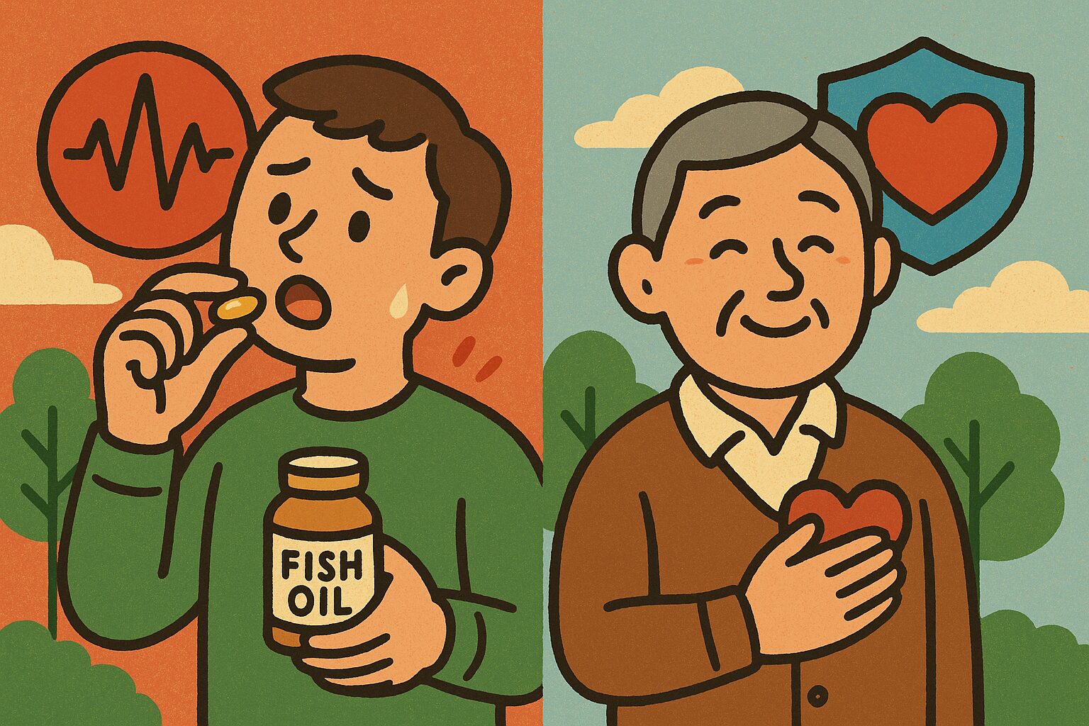 魚油（オメガ3）サプリと心臓の健康効果を対比するイラスト｜不整脈リスクと心臓病保護の違い
