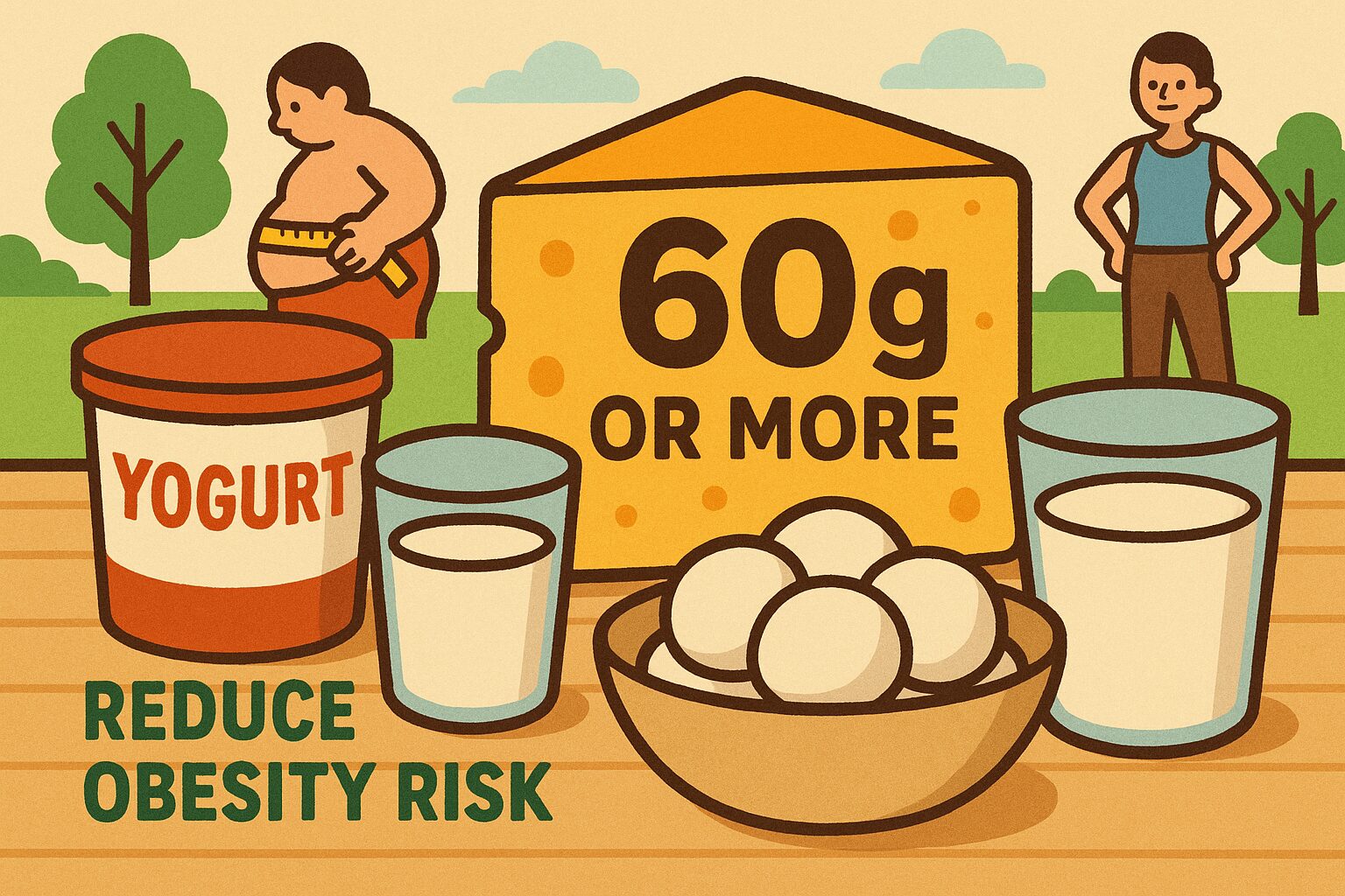 毎日60g以上の熟成チーズ摂取で肥満リスク低下を示す乳製品イラスト｜チェダー・ゴーダチーズ、ヨーグルト、牛乳、モッツァレラが並ぶ健康的な食卓