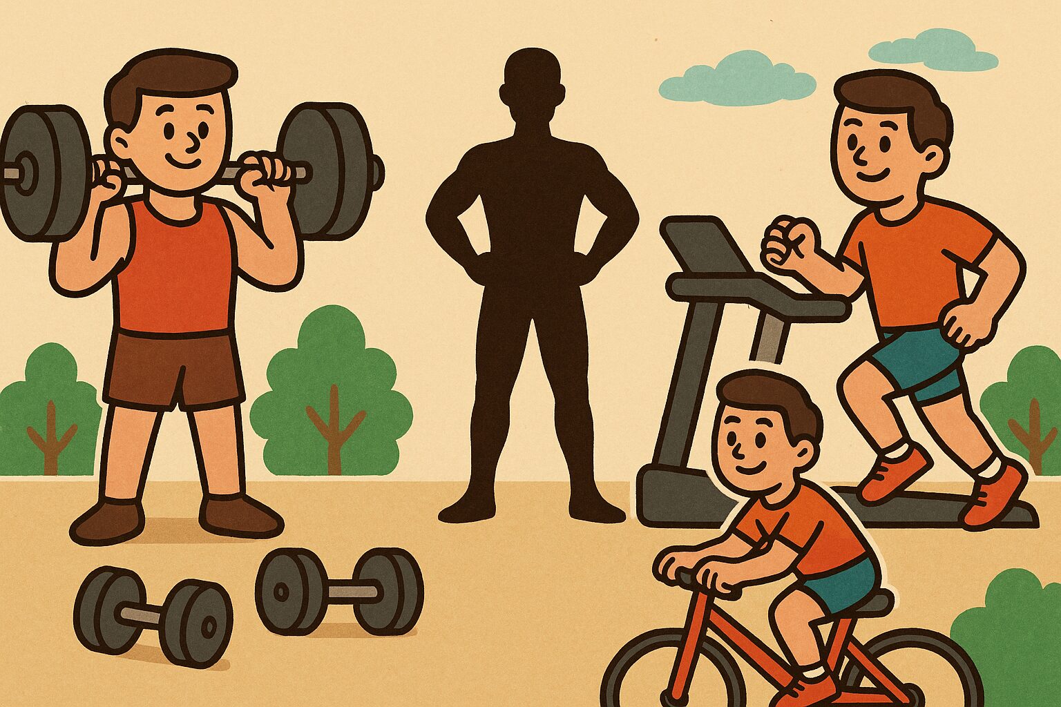 筋トレと有酸素運動で体脂肪を減らす健康的な生活を表すレトロ調イラスト