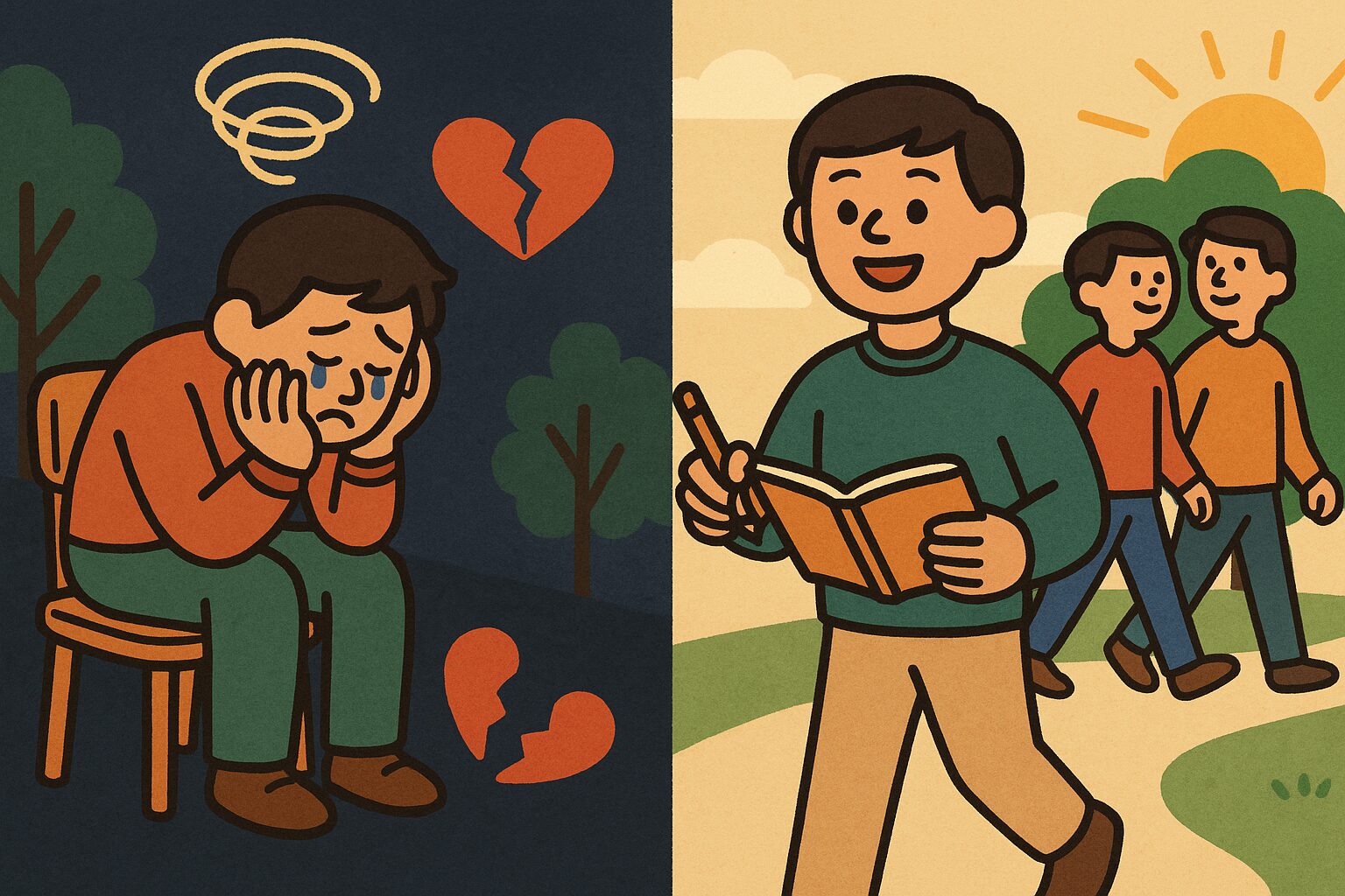 失恋で涙を流す若者と、ノートを手に笑顔で歩き出す若者を対比させたイラスト｜考えすぎから前向き行動への回復プロセス