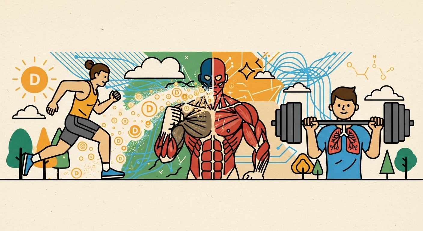 ビタミンD補給により筋力（ウェイトリフティング）と有酸素持久力（ランニング）を向上させ、パフォーマンスを最適化するエリートアスリートの合成イメージ。VO2maxと無酸素パワーの改善を示唆する最新論文の根拠を示す。