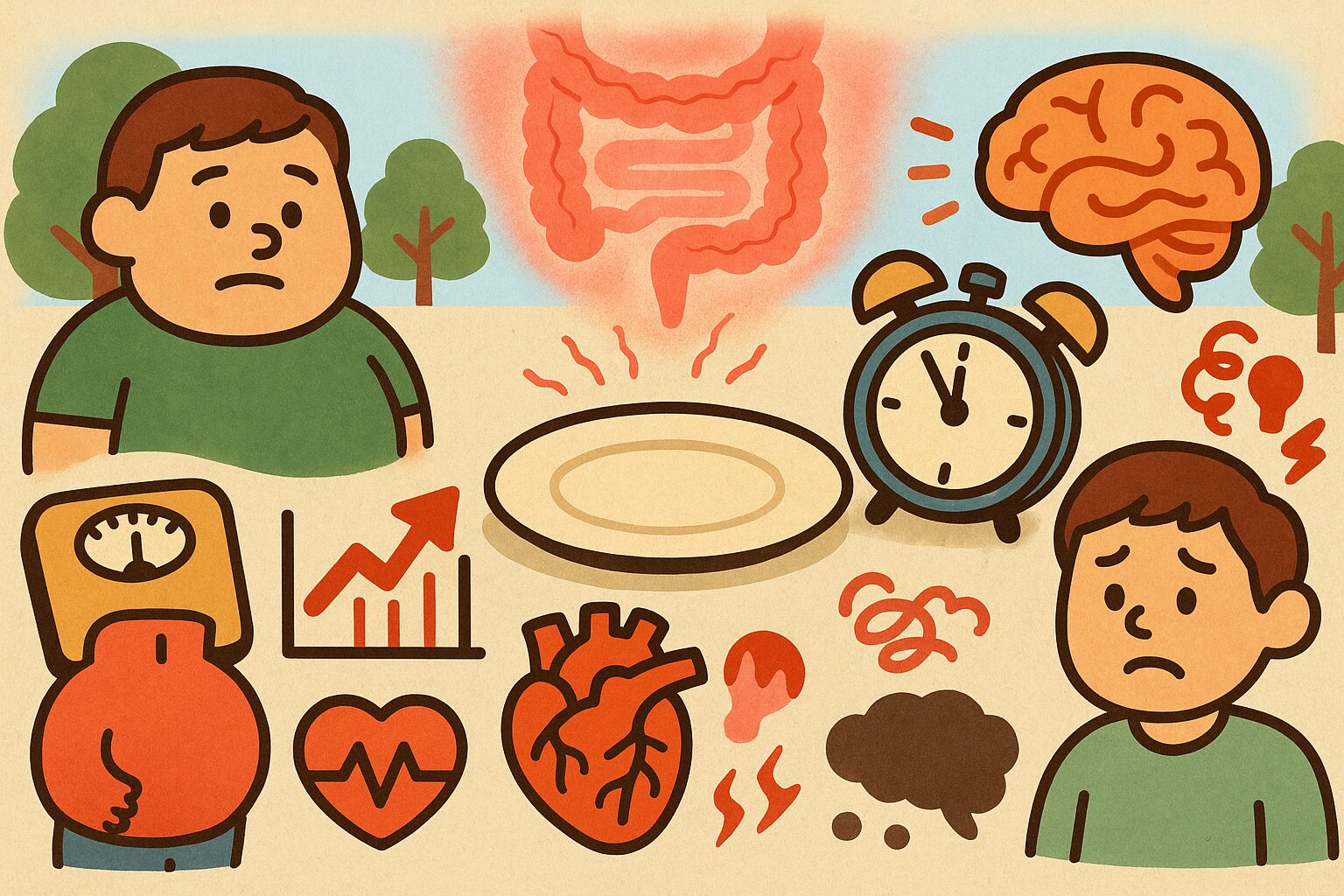 朝食を抜くことで起こる健康リスクを表現したイラスト。空の皿と時計を中心に、肥満、血糖上昇、心血管リスク、腸内環境の乱れ、精神的ストレスなど全身の悪影響を示す図解。