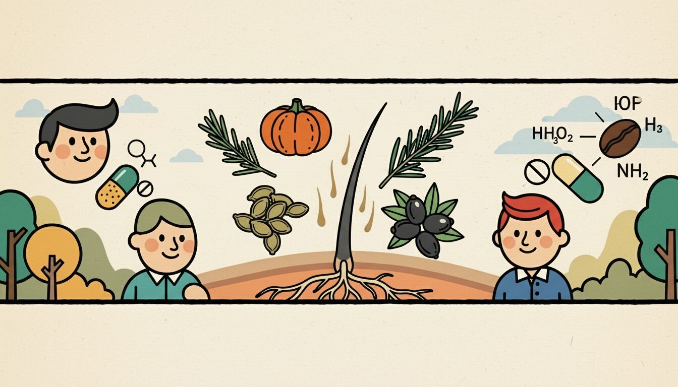 AGA治療の新しい希望：ミノキシジルなどの既存薬の副作用を避け、かぼちゃの種オイル、ローズマリー、ノコギリヤシといった天然成分による補完代替医療（CAMs）が健康な毛髪の成長を促進するイメージ。