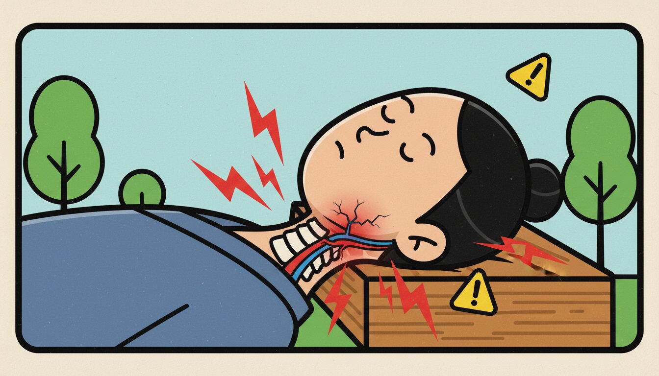 高い枕による頸部屈曲が椎骨動脈解離 (sVAD)将軍枕症候群のイラスト。