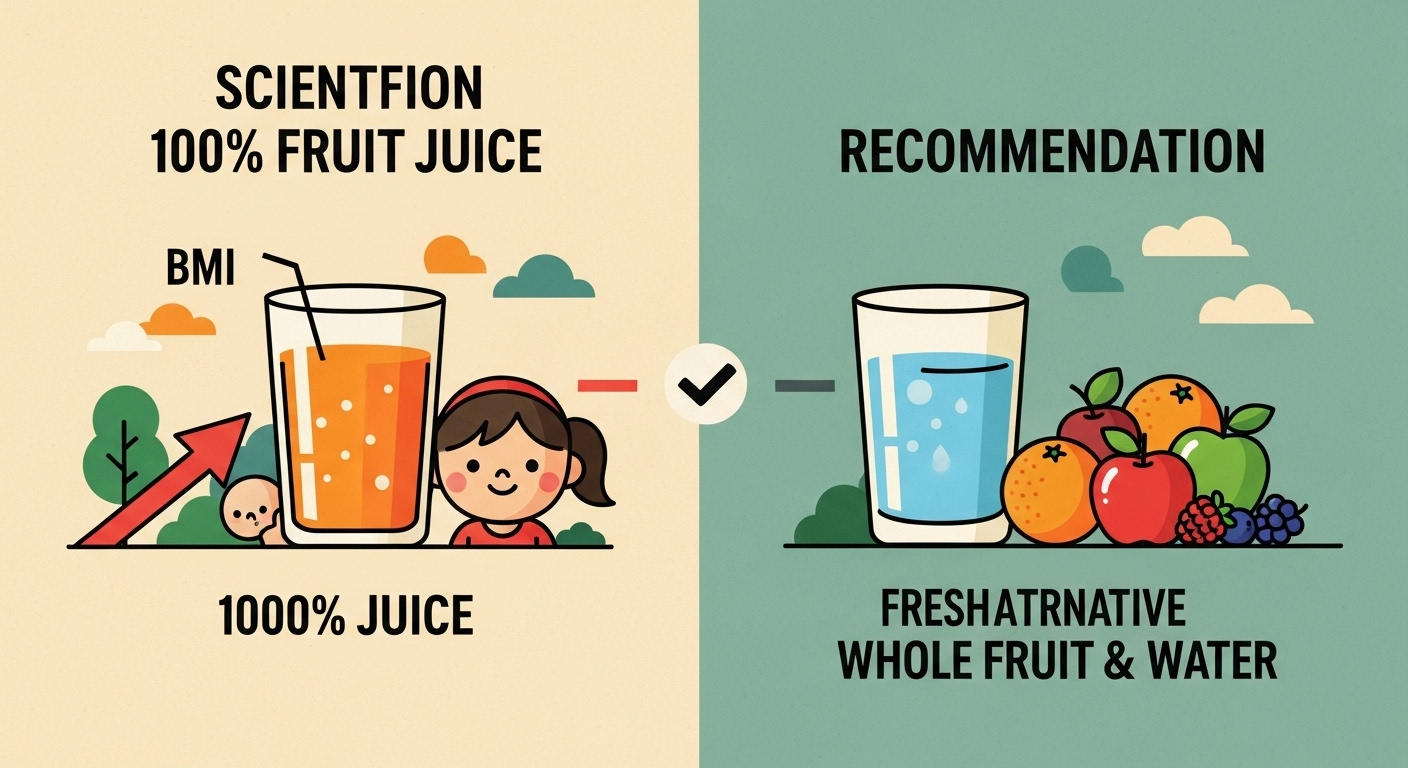 100%フルーツジュースの過剰摂取が小児のBMI増加と関連することを示し、水や丸ごとの果物（ホールフルーツ）への切り替えによる摂取制限を推奨するシステマティックレビューの教訓を示す対比画像。