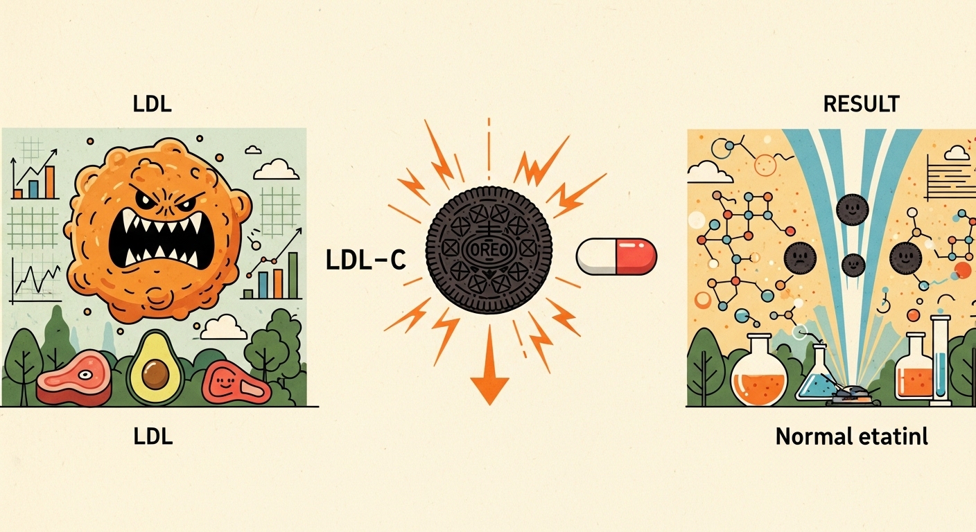ケトジェニック食中の痩せ型ハイパーレスポンダー（LMHR）LDLコレステロールがオレオ・クッキーの介入によって劇的に縮小し、スタチン治療を上回る効果を示した様子を抽象的に表現したもの。