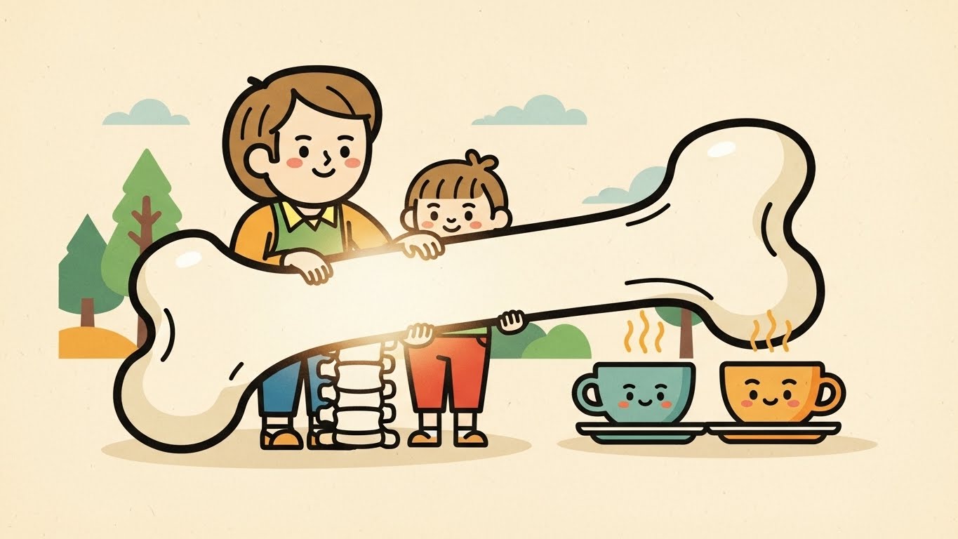 50歳以上の米国成人における、1日2杯以下のコーヒー摂取による大腿骨頸部と腰椎の骨粗鬆症リスク低下を示す、強靭な骨とコーヒーカップの抽象的なイラスト。