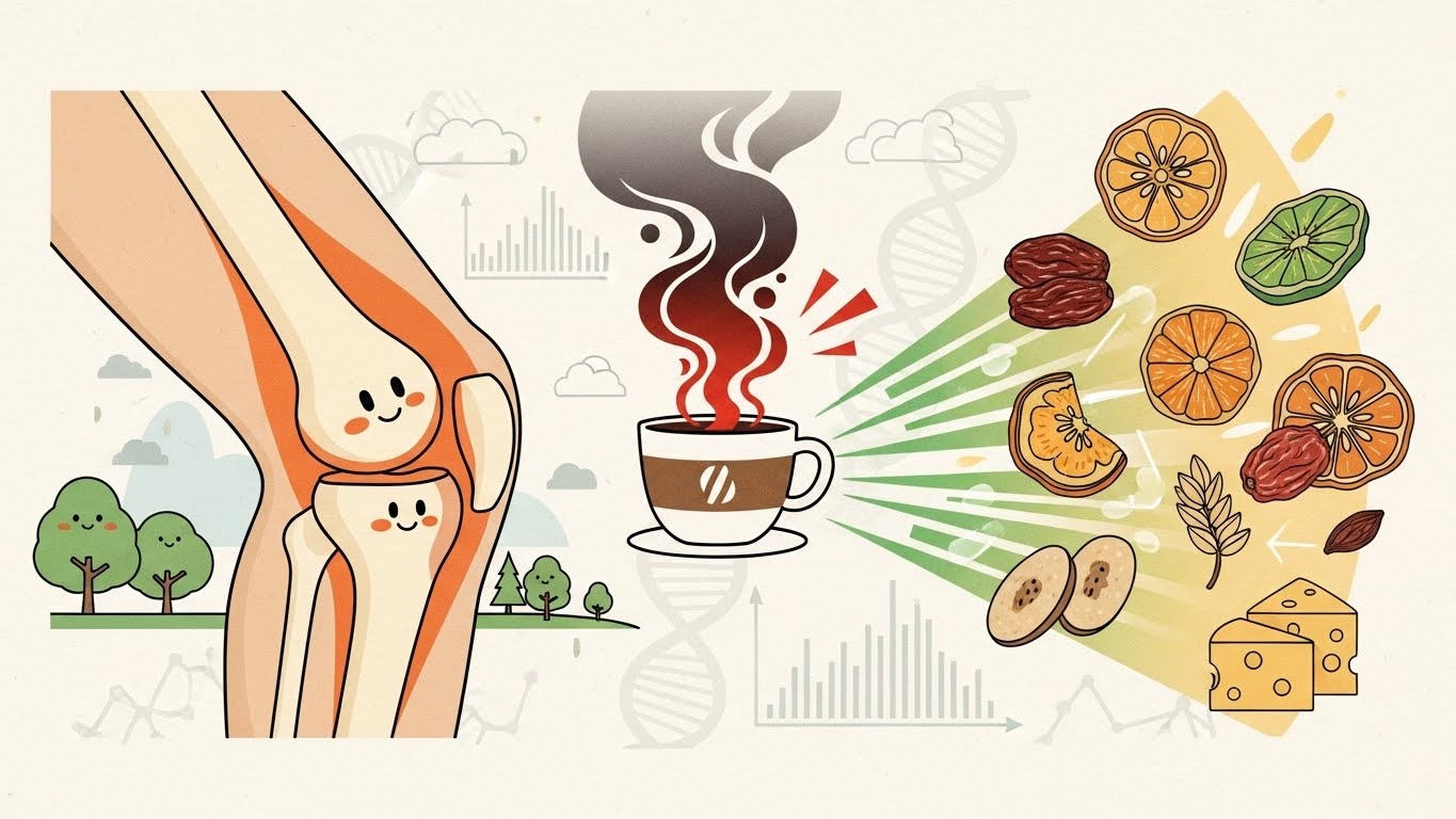 【変形性膝関節症KOA】の予防と改善に効く食事:コーヒーのリスクと乾燥果物・チーズ・穀物の保護効果を遺伝子レベルで解説