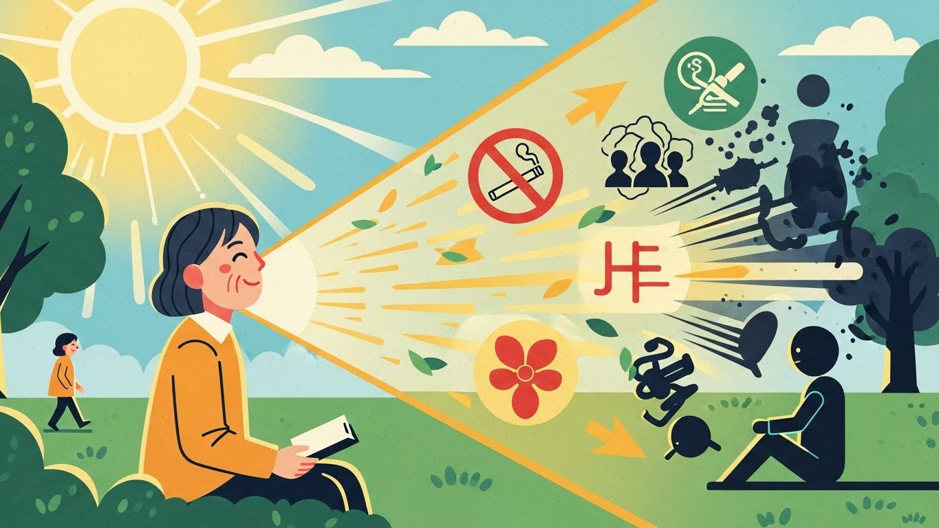 ウェルビーイングが高齢者の認知症リスク要因(社会的孤立、高血圧、運動不足、うつ病)を打ち消し、脳の健康と人生の充実を促進する様子を描いた希望に満ちたデジタルアート。