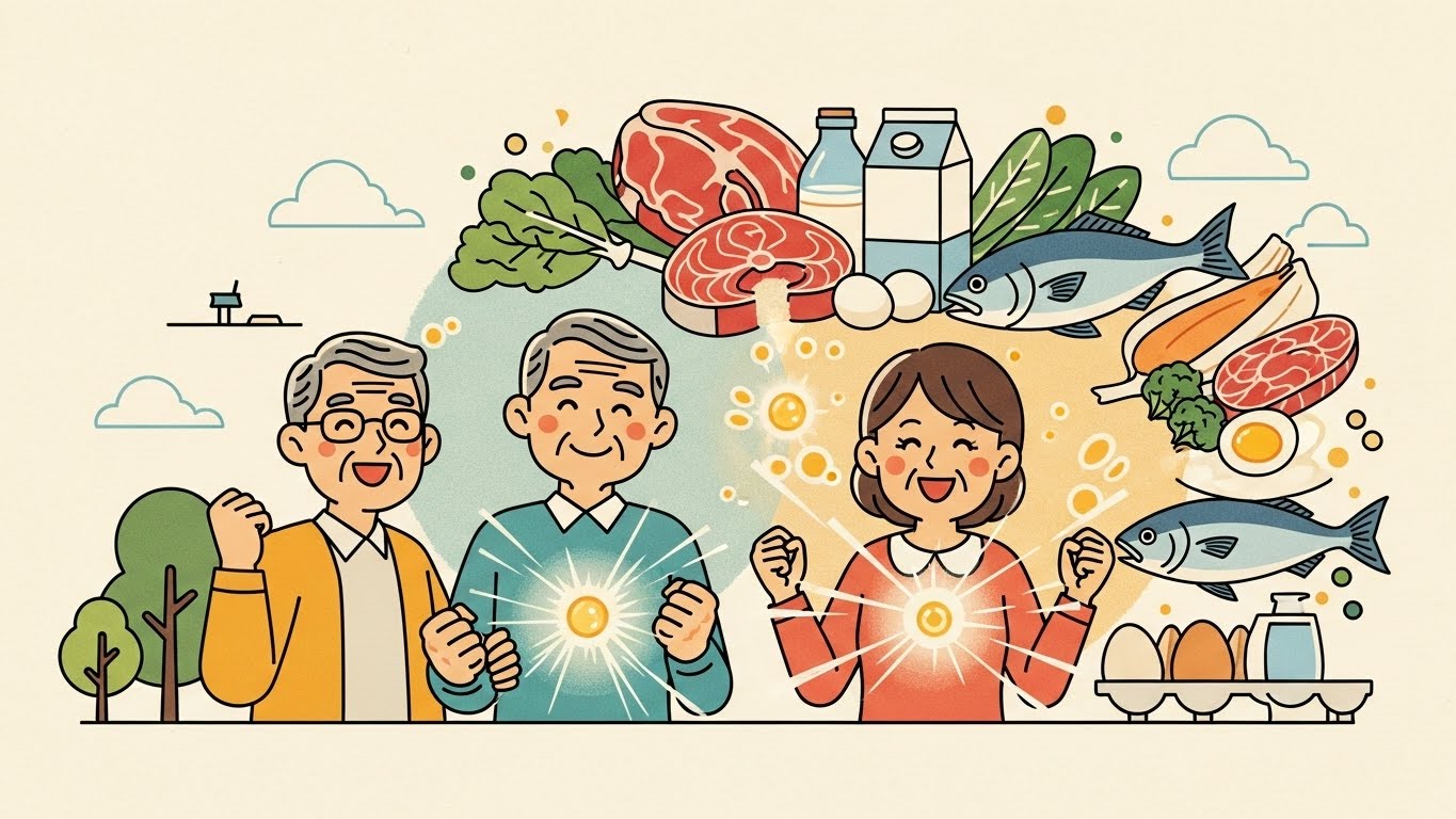 60歳以上の健康な高齢者が抗酸化物質グルタチオン合成を最大化するタンパク質摂取量1.08g/kg/日を示すイラスト