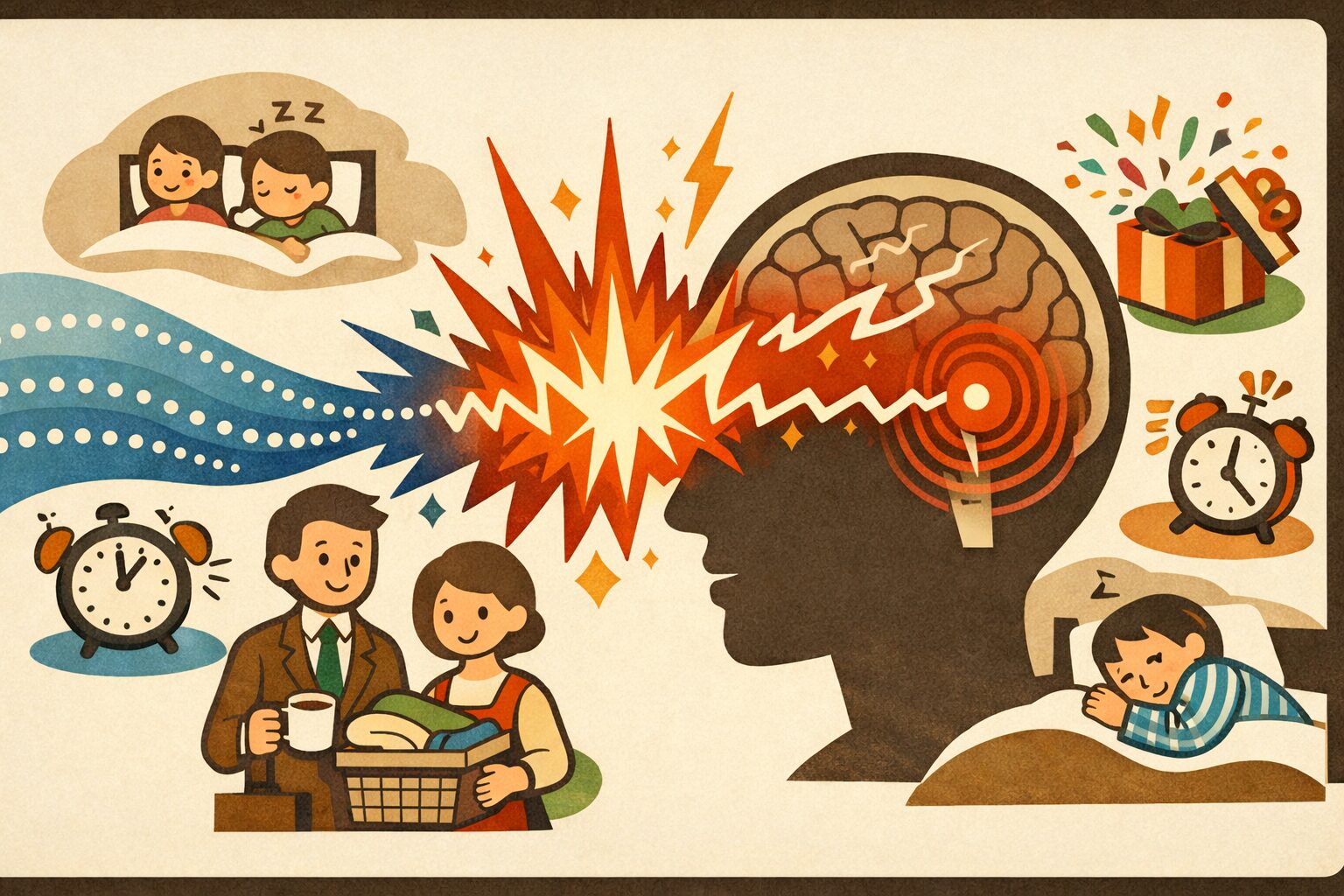 日常のルーティンが予期せぬ出来事によって乱され、片頭痛の痛み信号が脳のこめかみに伝わる様子を表した医療コンセプトイラスト