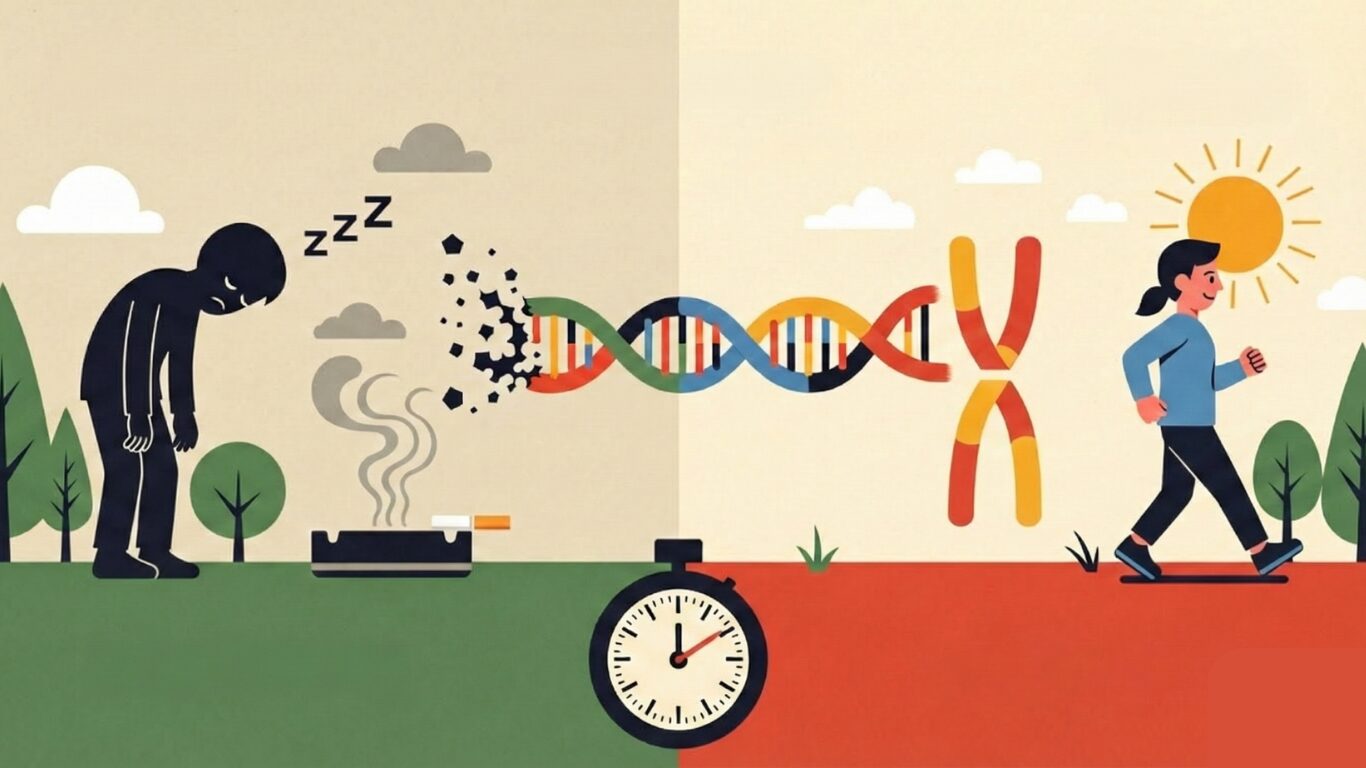細胞の老化指標であるテロメア長とライフスタイル要因（喫煙、不眠症、運動）の関連性を対比的に表現したイラスト。喫煙と不眠症がテロメアを短縮させ、身体活動が老化を予防する様子を示す。
