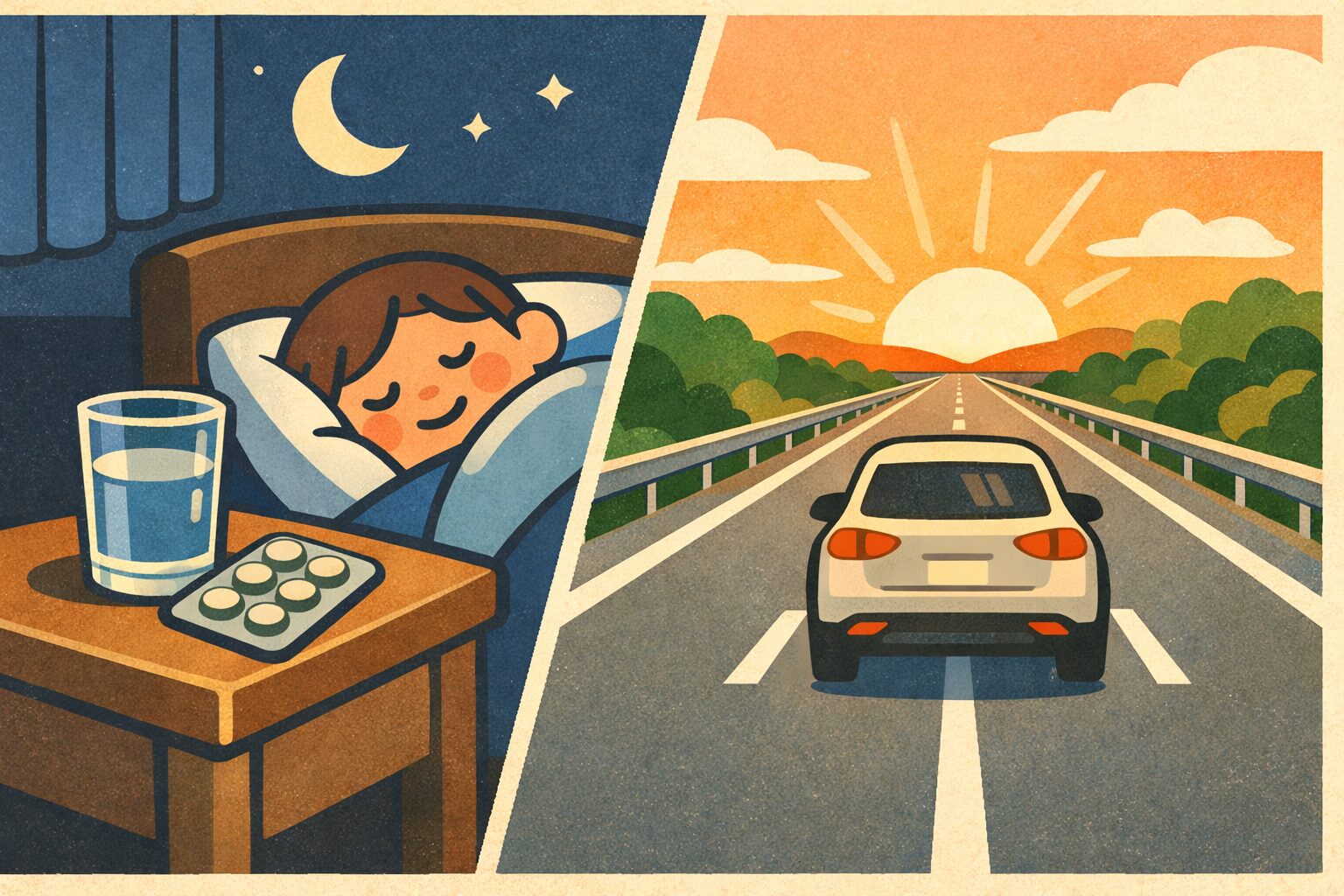 夜の安眠と朝の安全運転を象徴するイラスト。就寝前の服薬と翌朝の安定した運転を表現