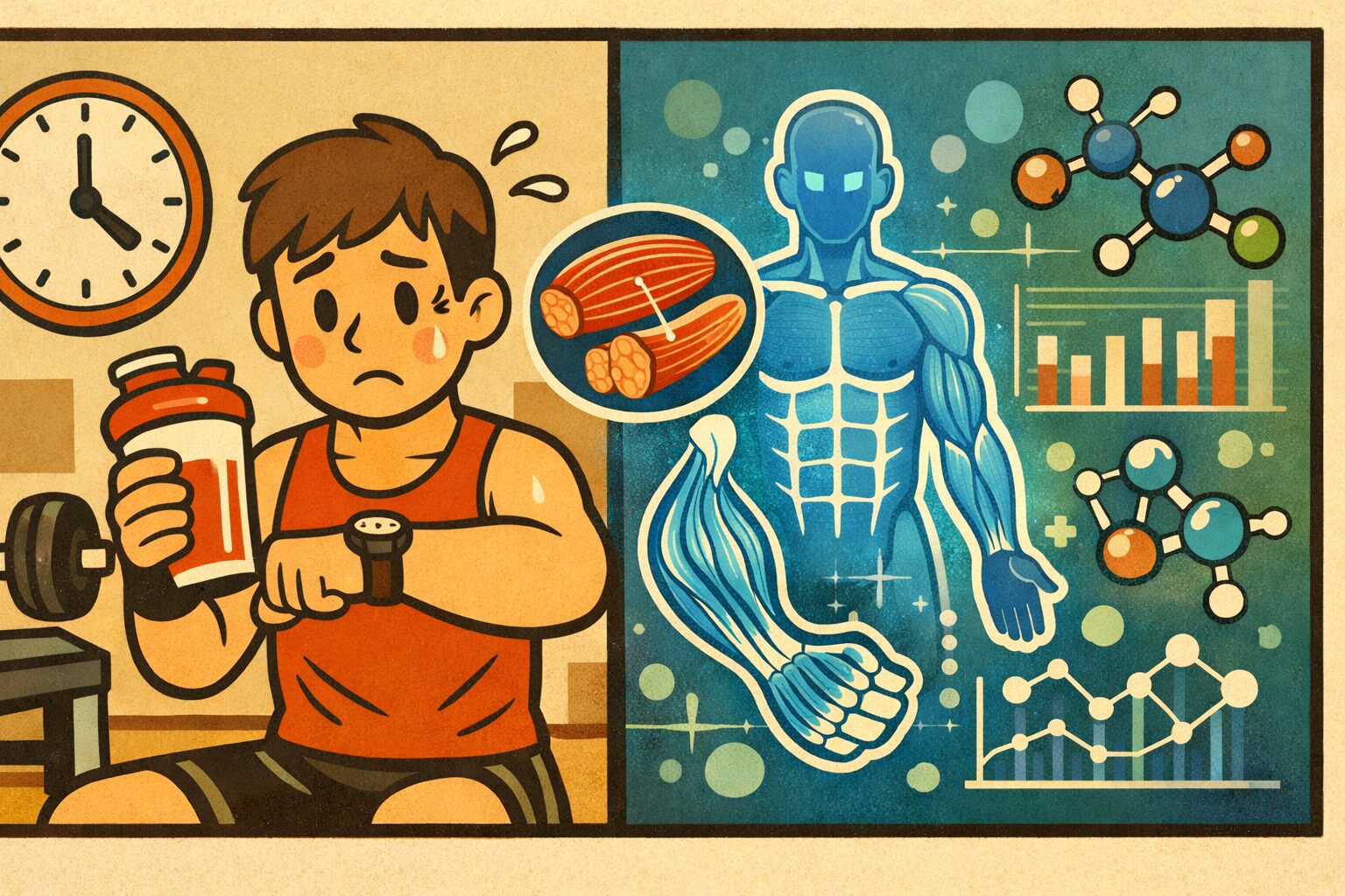 古い筋トレの迷信と科学的根拠に基づく筋肥大の仕組みを対比して示したフィットネスイラスト