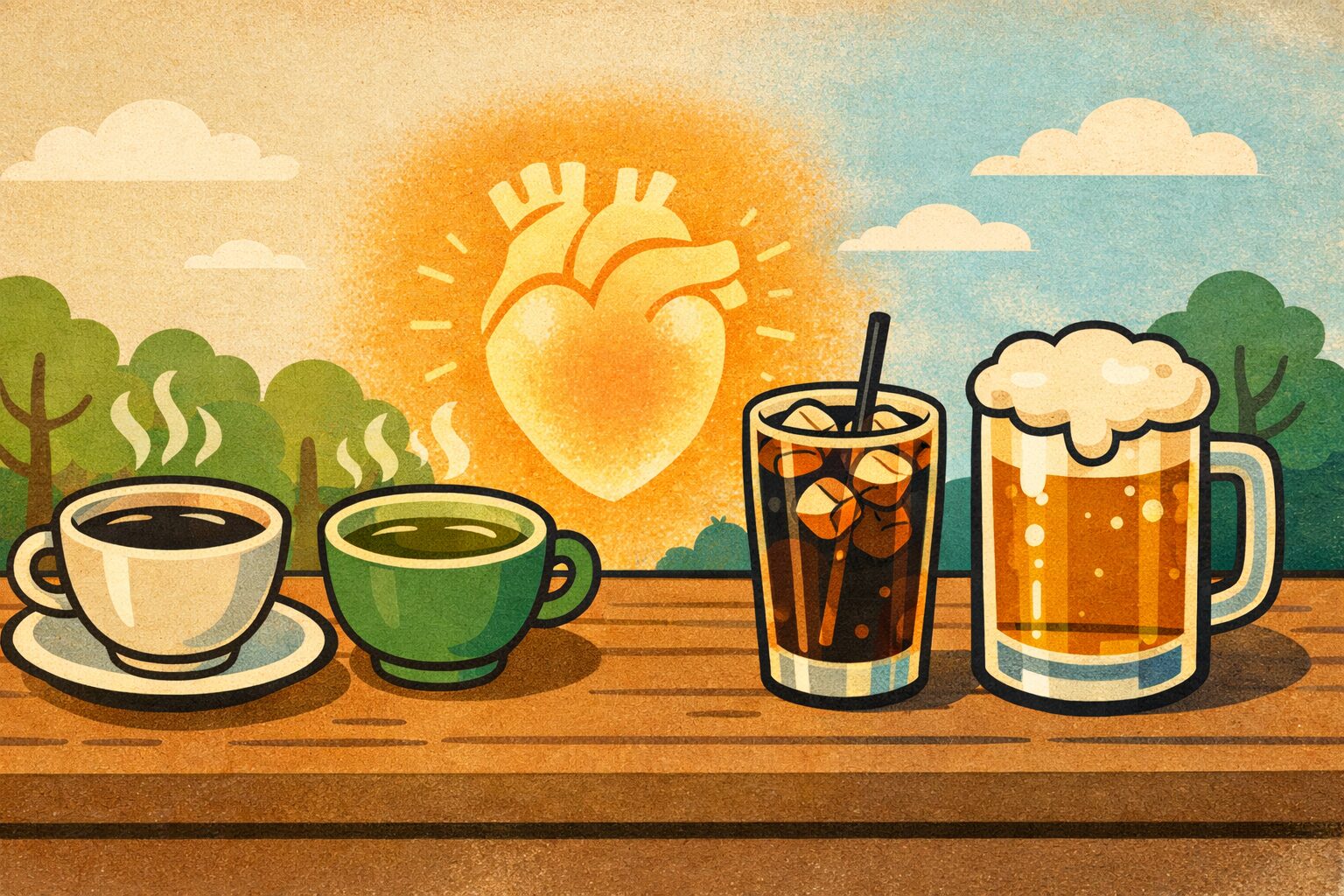 心臓の健康に影響する飲み物の選択を示すイラスト。ブラックコーヒーと緑茶、コーラとビールを対比し、背景に心臓のシルエットを配置した健康コンセプト画像