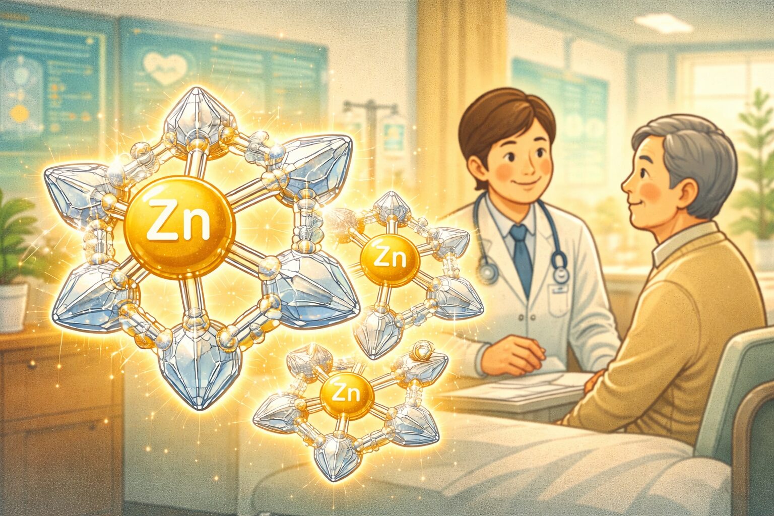 亜鉛（Zn）分子と高齢者診療を描いた医療イラスト、亜鉛ミネラルと健康管理の関係を示すビジュアル