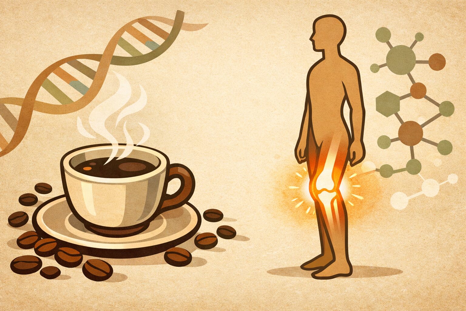 ブラックコーヒーと遺伝学的背景を象徴するDNAイメージ、健康な膝関節を示す医療コンセプトイラスト