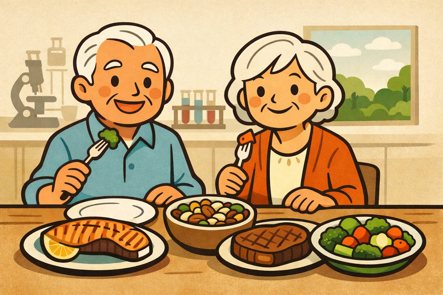 栄養バランスの取れた食事を楽しむ健康的な70代のシニア夫婦の様子