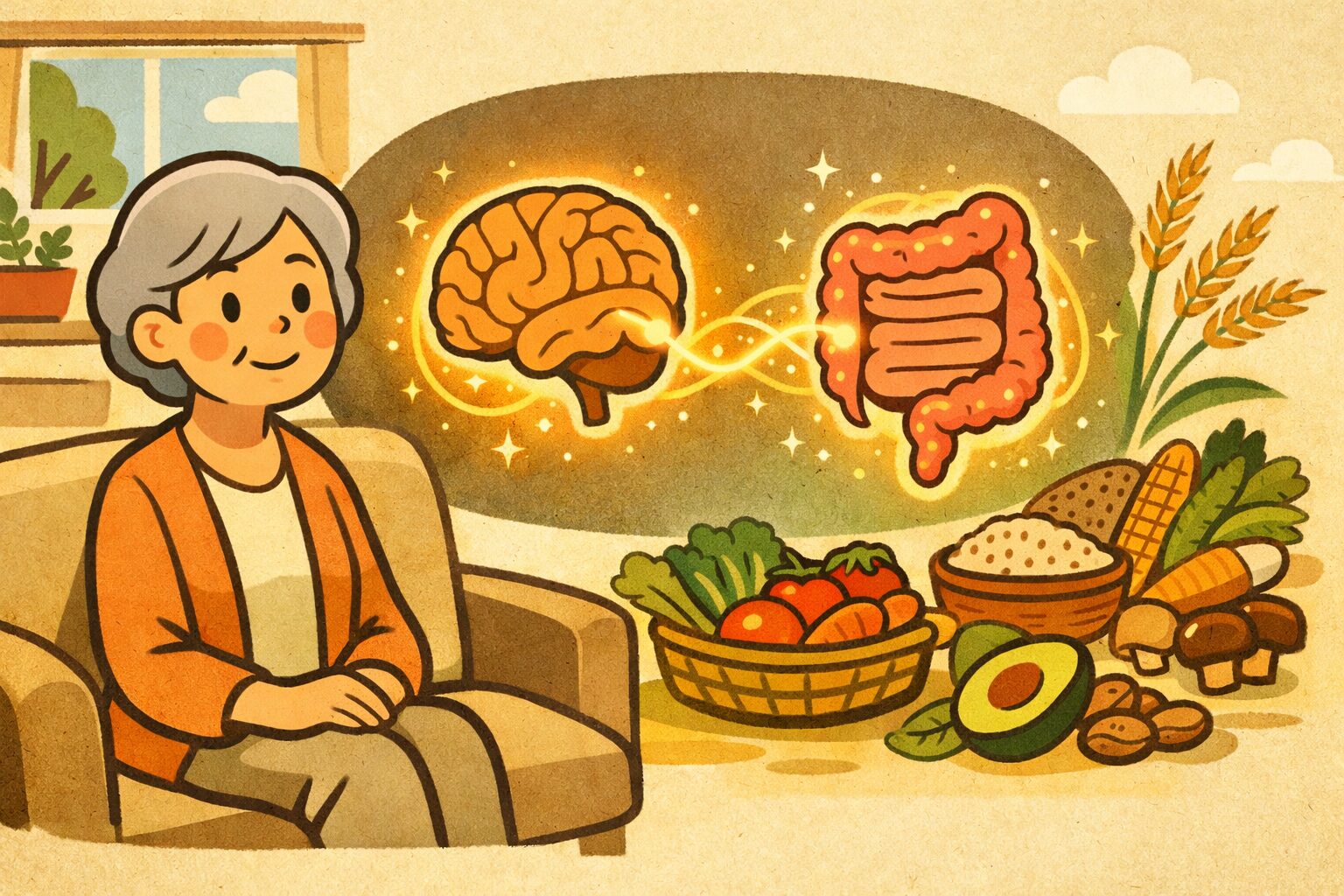 明るいリビングで穏やかに座る高齢女性と、脳と腸が光でつながる腸脳相関を示したイラスト。食物繊維や野菜による腸内環境と脳の健康を象徴するビジュアル