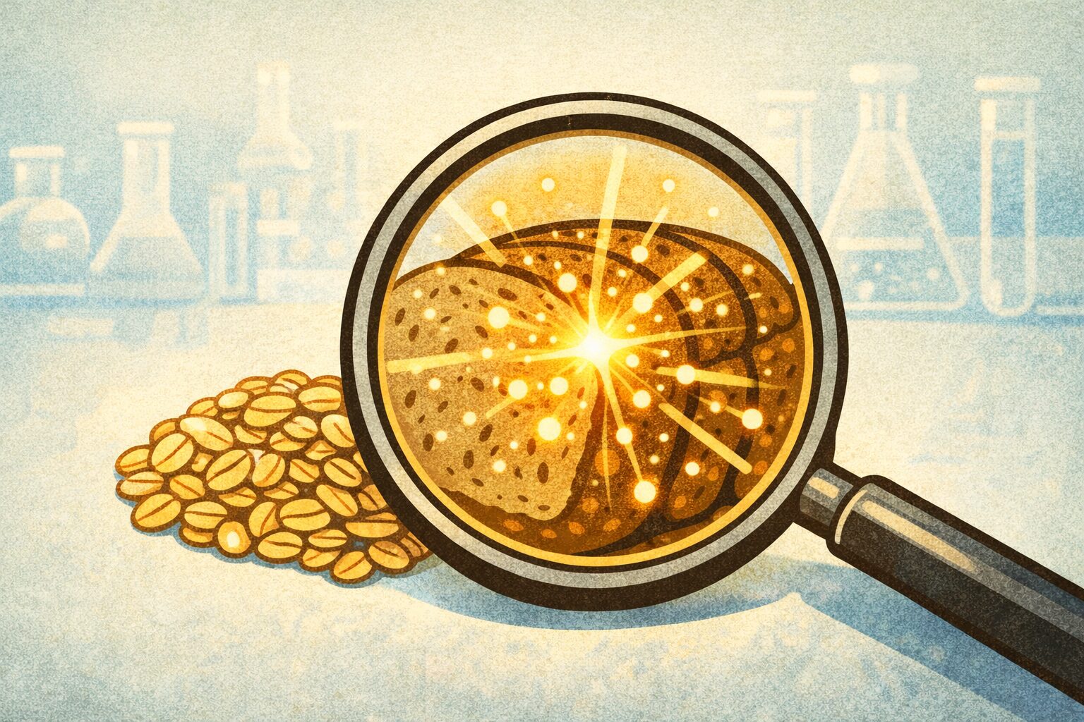 虫眼鏡で全粒粉パンとオート麦の内部を観察し、栄養価と安全性を科学的に表現したレトロ風イラスト