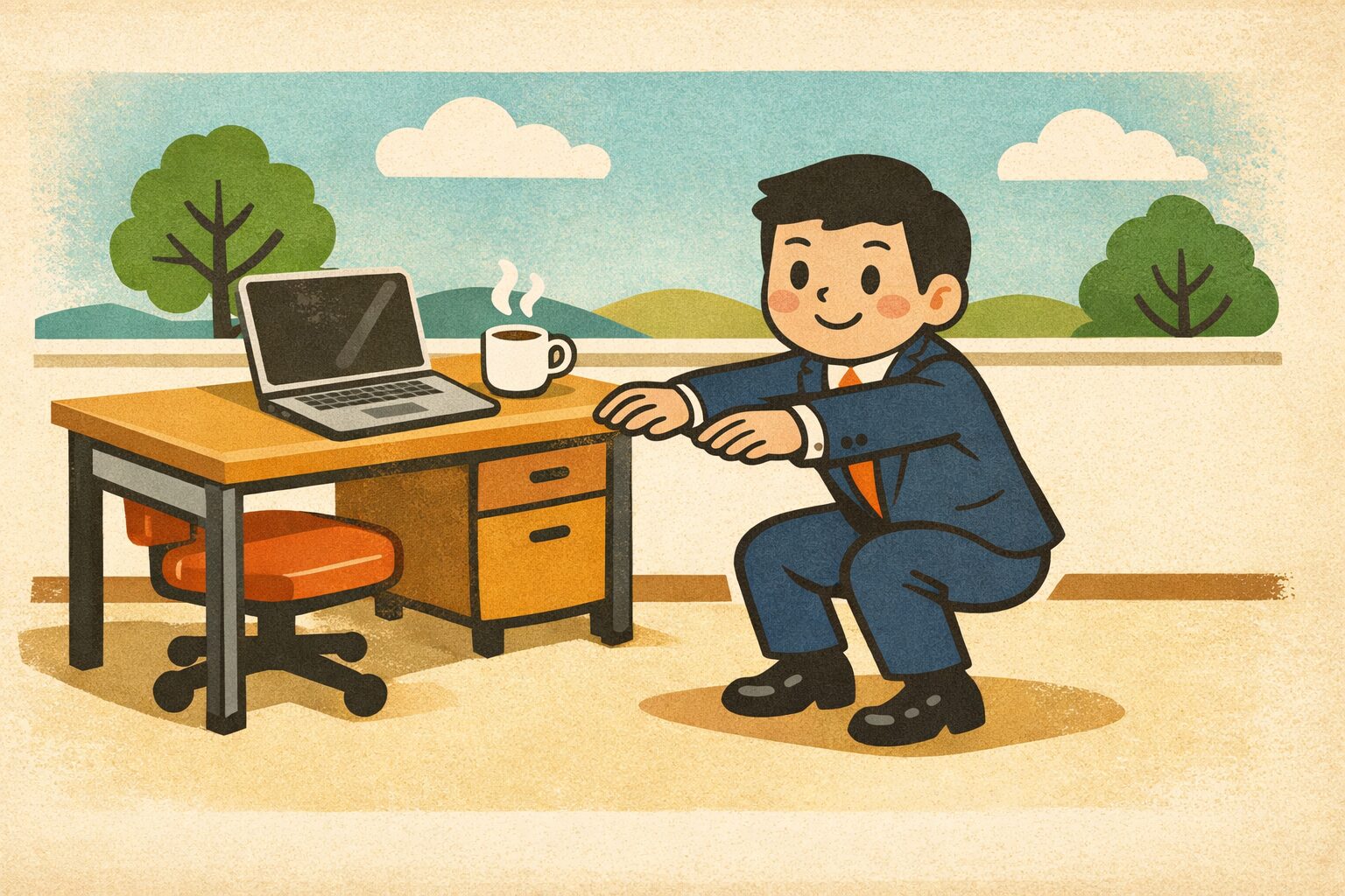 オフィスでスーツ姿の日本人ビジネスマンがデスク横で軽いスクワット運動を行い、短時間の運動習慣を実践しているイラスト