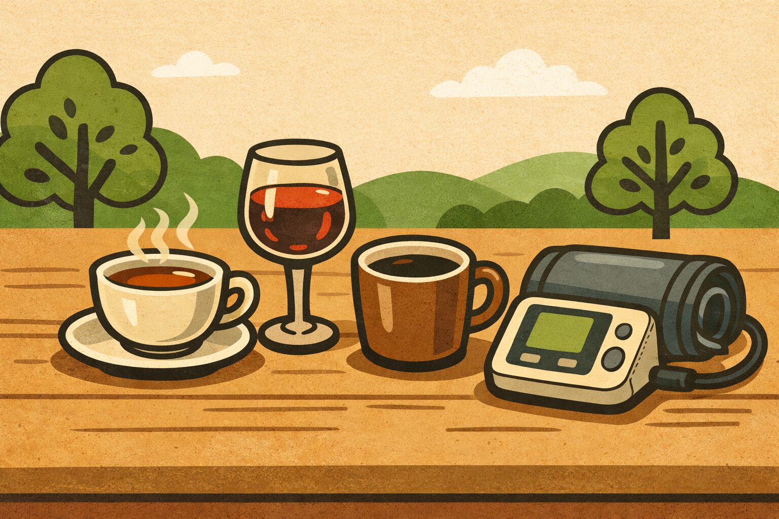 高血圧管理を象徴する血圧計と紅茶・赤ワイン・コーヒーを並べた健康イメージイラスト