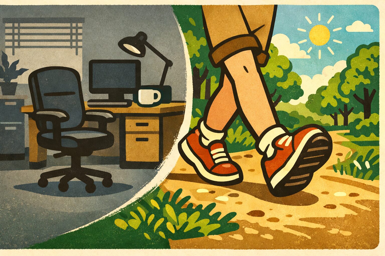 座りすぎのデスクワーク環境と、屋外でウォーキングする様子を対比したイラスト。長時間座位から歩行習慣への移行を象徴する健康イメージ。