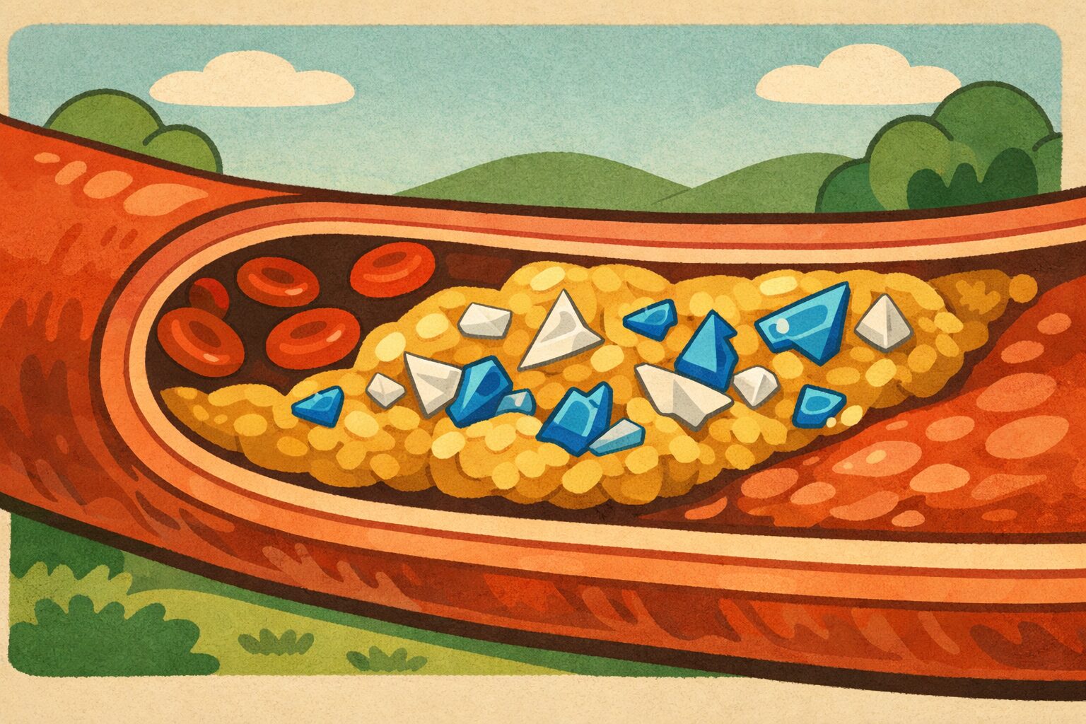 動脈硬化プラーク内部にマイクロプラスチックが埋め込まれた頸動脈を示す模式的イラスト