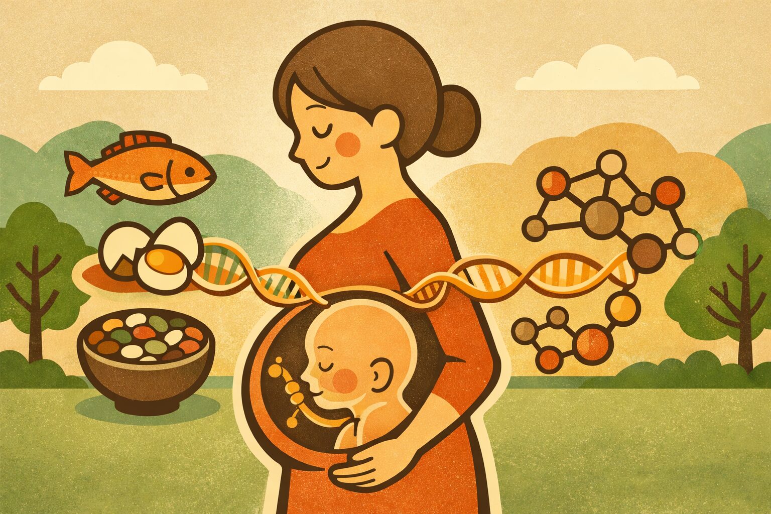 妊娠中の母親の食事と胎児の顔の発達の関係を示すイラスト。タンパク質摂取と遺伝子シグナルが胎児の鼻や顎の形成に影響する様子を表現