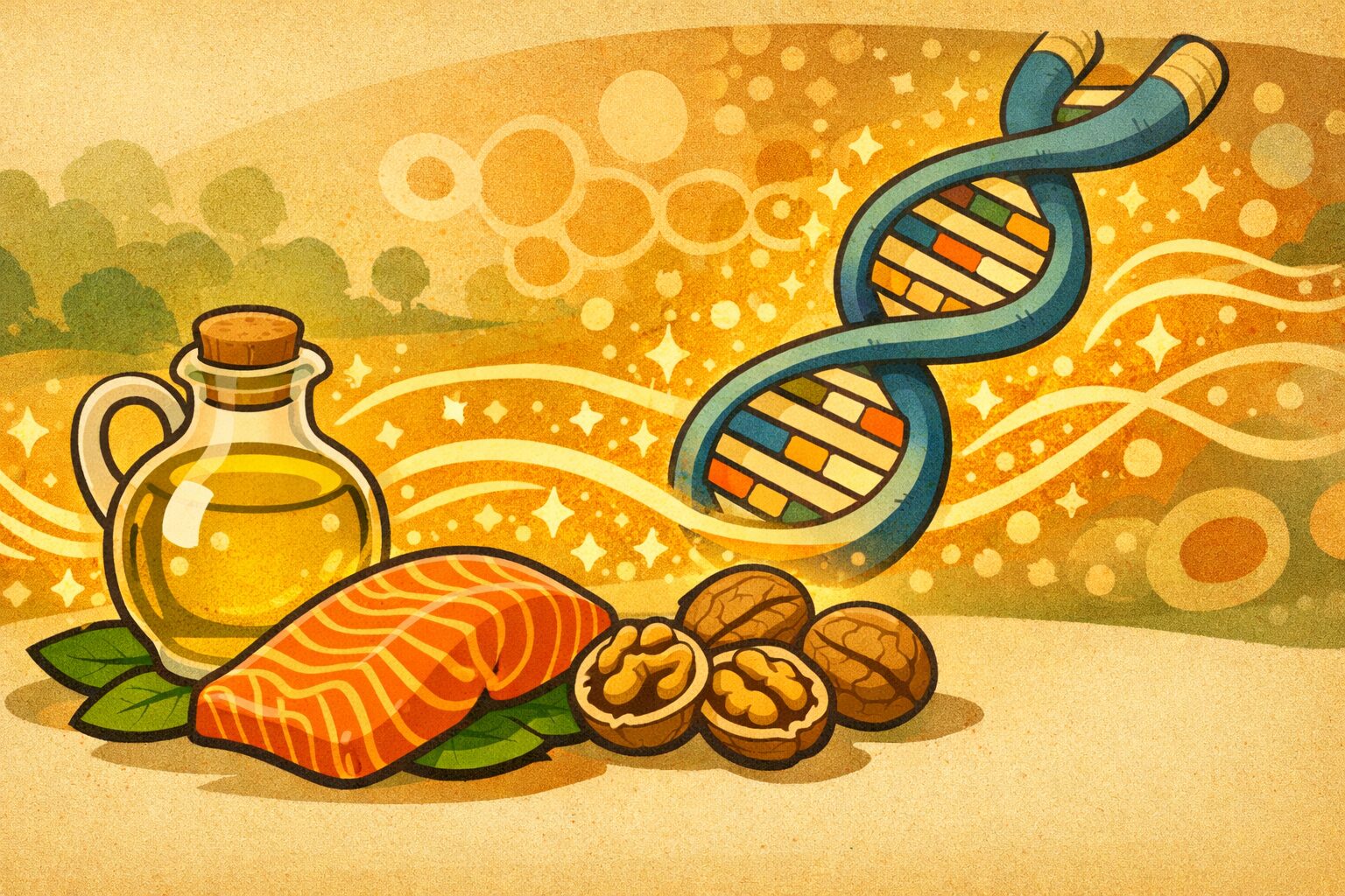 アンチエイジングに関与する脂肪酸を象徴するオリーブオイル、サーモン、クルミと、細胞の若さを示すDNA二重らせんを描いたイラスト