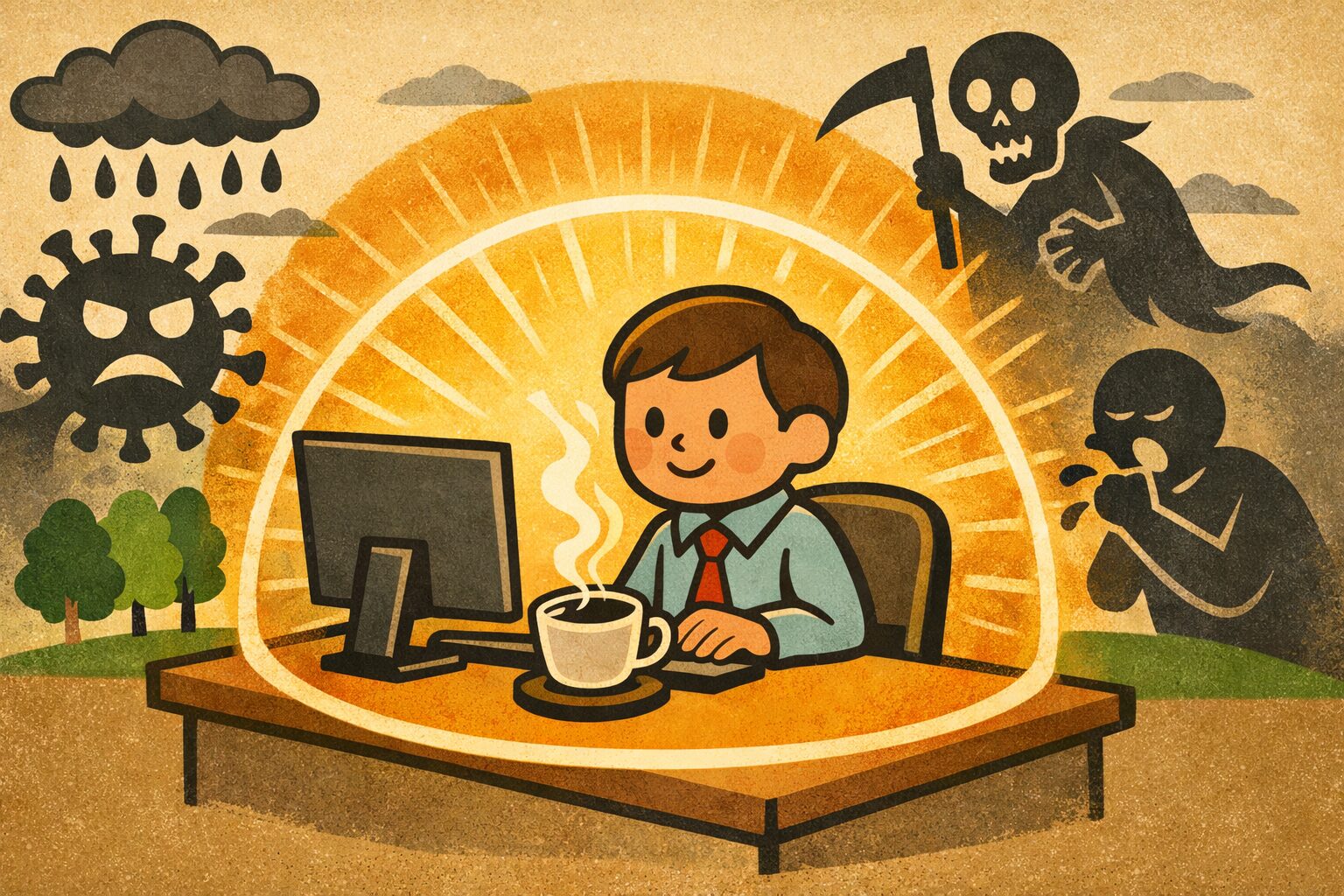 コーヒーの湯気から広がる光のシールドに守られながらデスクワークをするオフィスワーカーのイラスト