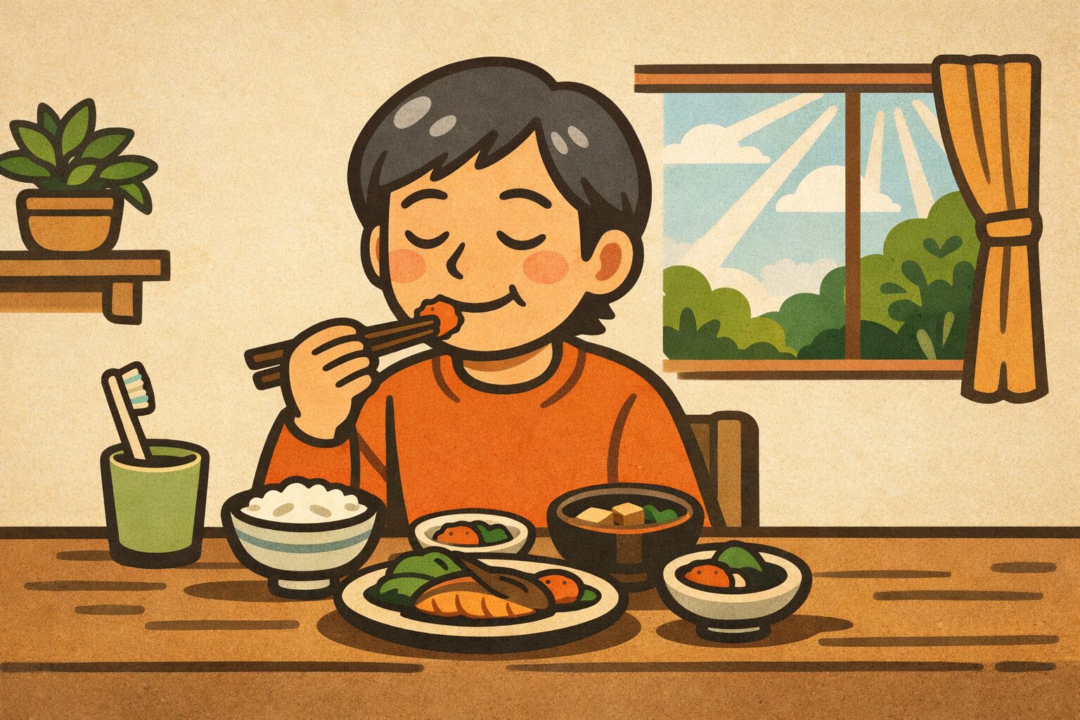 健康的な和食を一口ずつ丁寧に味わう中高年の日本人。ゆっくりよく噛む食習慣と口腔ケアの大切さを象徴するイラスト