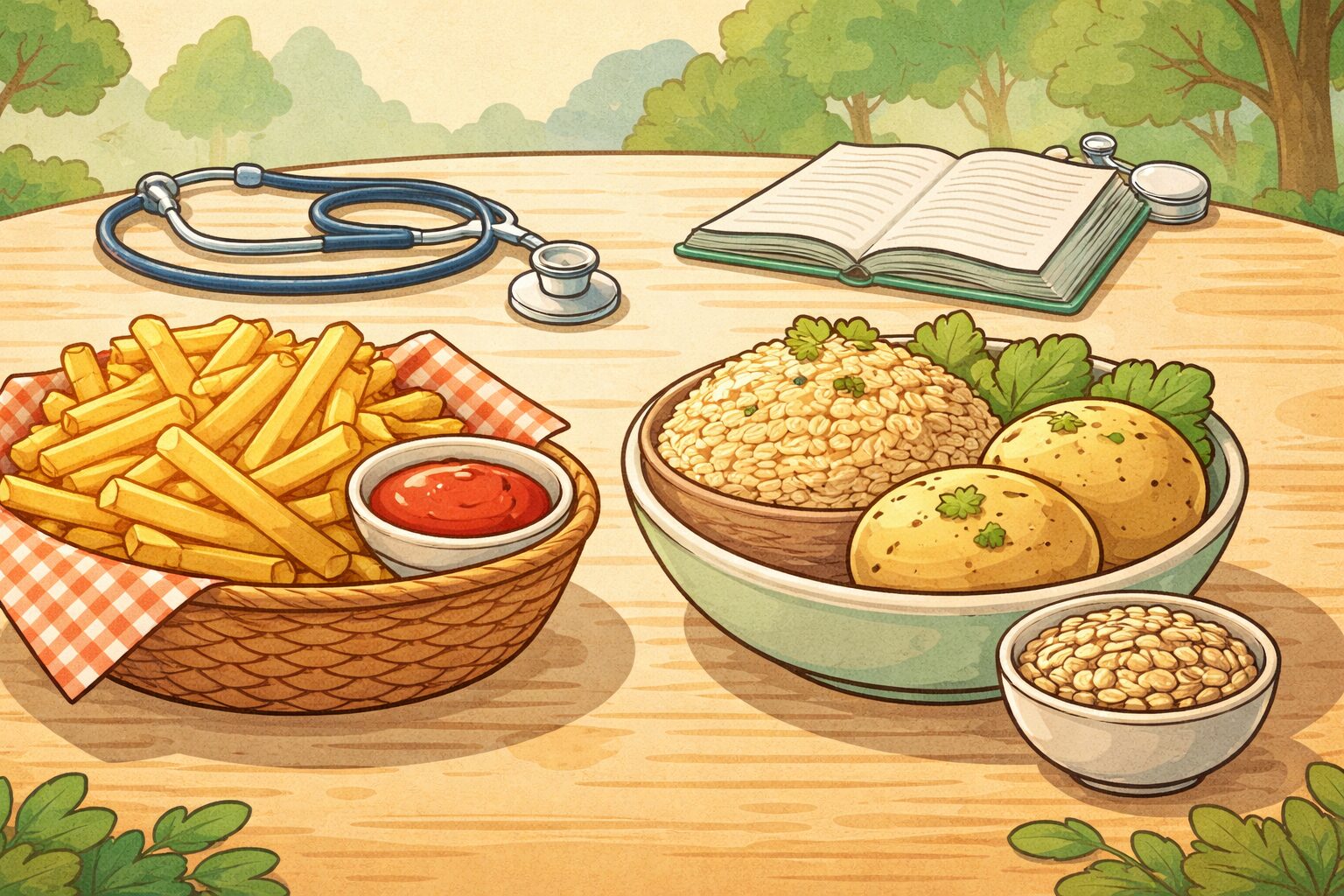 代替テキスト（Altテキスト） フライドポテトと玄米・オートミール・蒸しじゃがいもを対比した、炭水化物の質の違いを示す医療系イラスト