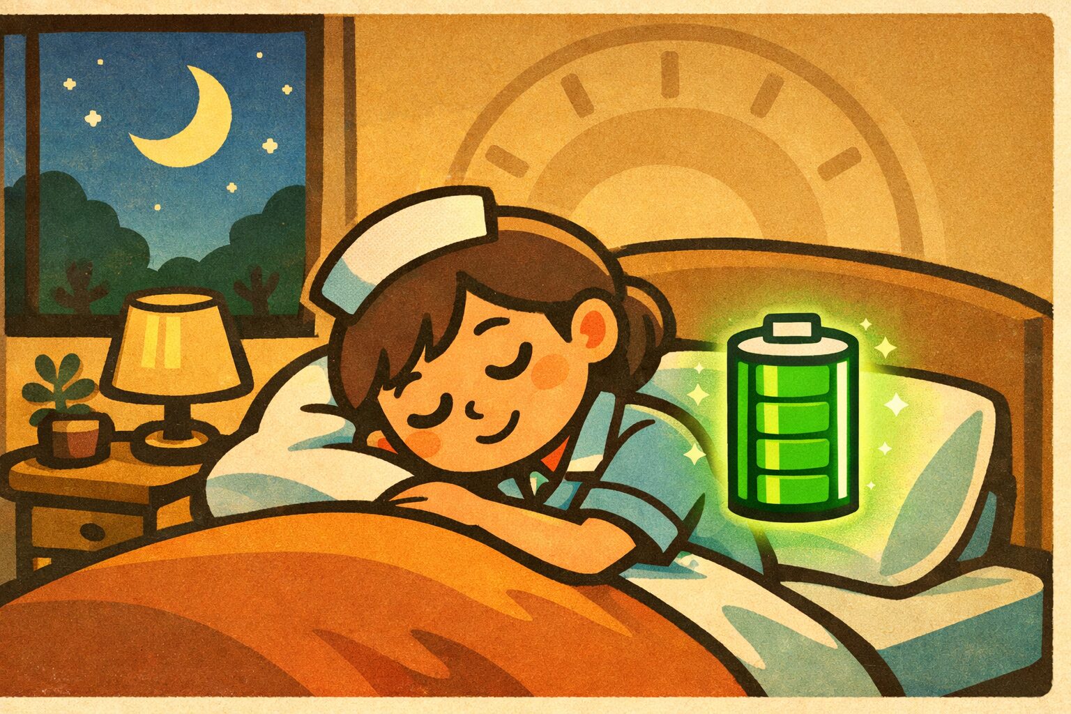 夜の安らぎの中で深く眠る看護師とエネルギー回復を象徴するイラスト