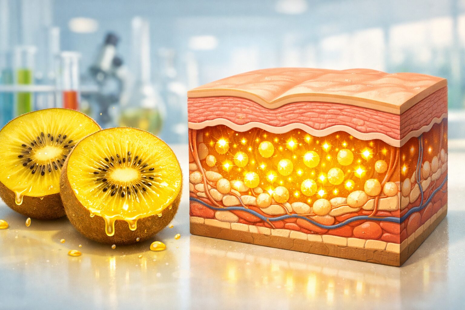 ゴールデンキウイに含まれるビタミンCが皮膚の真皮層に吸収され、肌のハリと密度を高める様子を示した医学イラスト