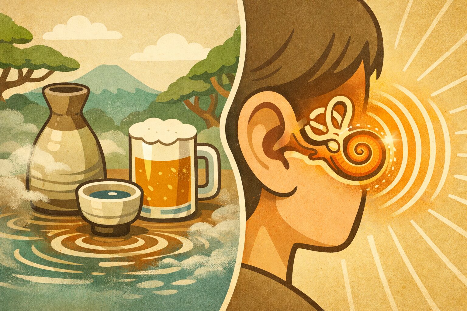 アルコール摂取と内耳（蝸牛）の関係を示すイラスト。日本酒とビール、むくみを象徴する表現と、聴覚機能を示す耳の構造を対比した医療コンセプト画像