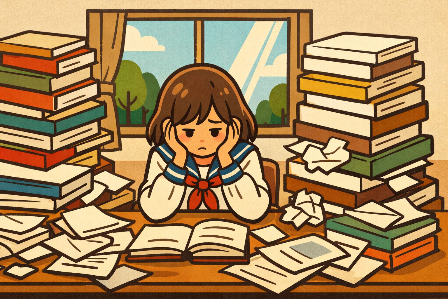 大量の教科書と書類に囲まれ、勉強のプレッシャーで疲れ果てた自宅学習中の女子学生のイラスト